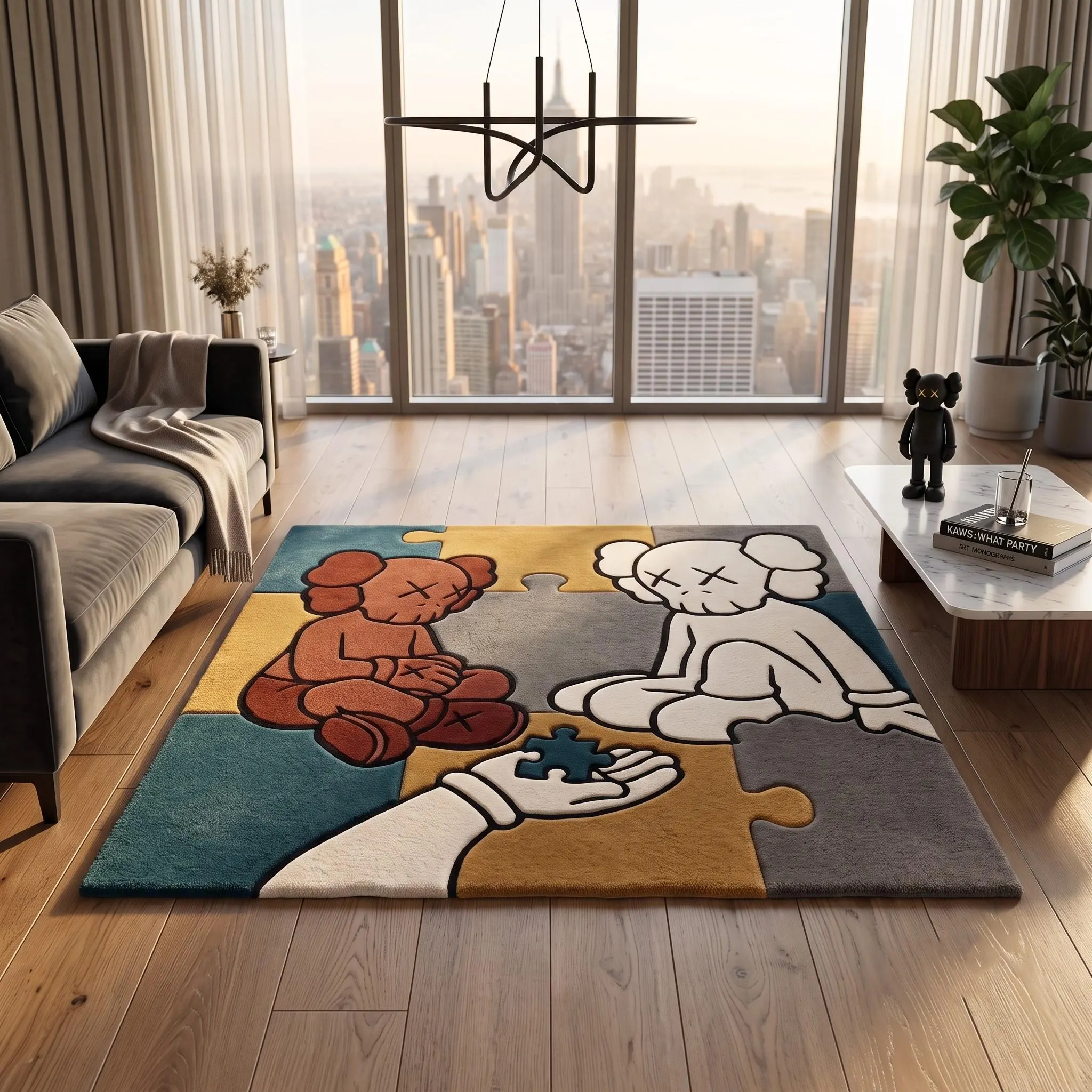 Hand Tufted Wool Puzzle Bear Art Rug, Modern Cartoon Decor, Statement Living Room Gift