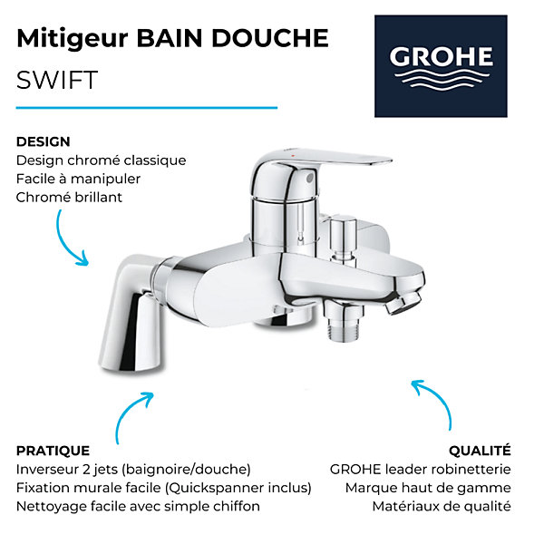 Pack mitigeur mécanique GROHE Swift avec colonnettes   Douchette 1 jet Vitalio Get Stick   Flexible 1750 mm et support