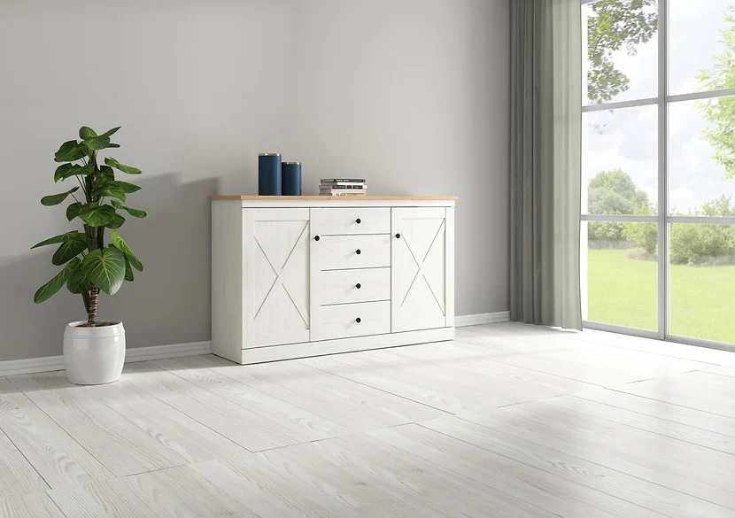 Komoda Frija 153 cm z 2 drzwiami i 4 szufladami sosna andersen biała