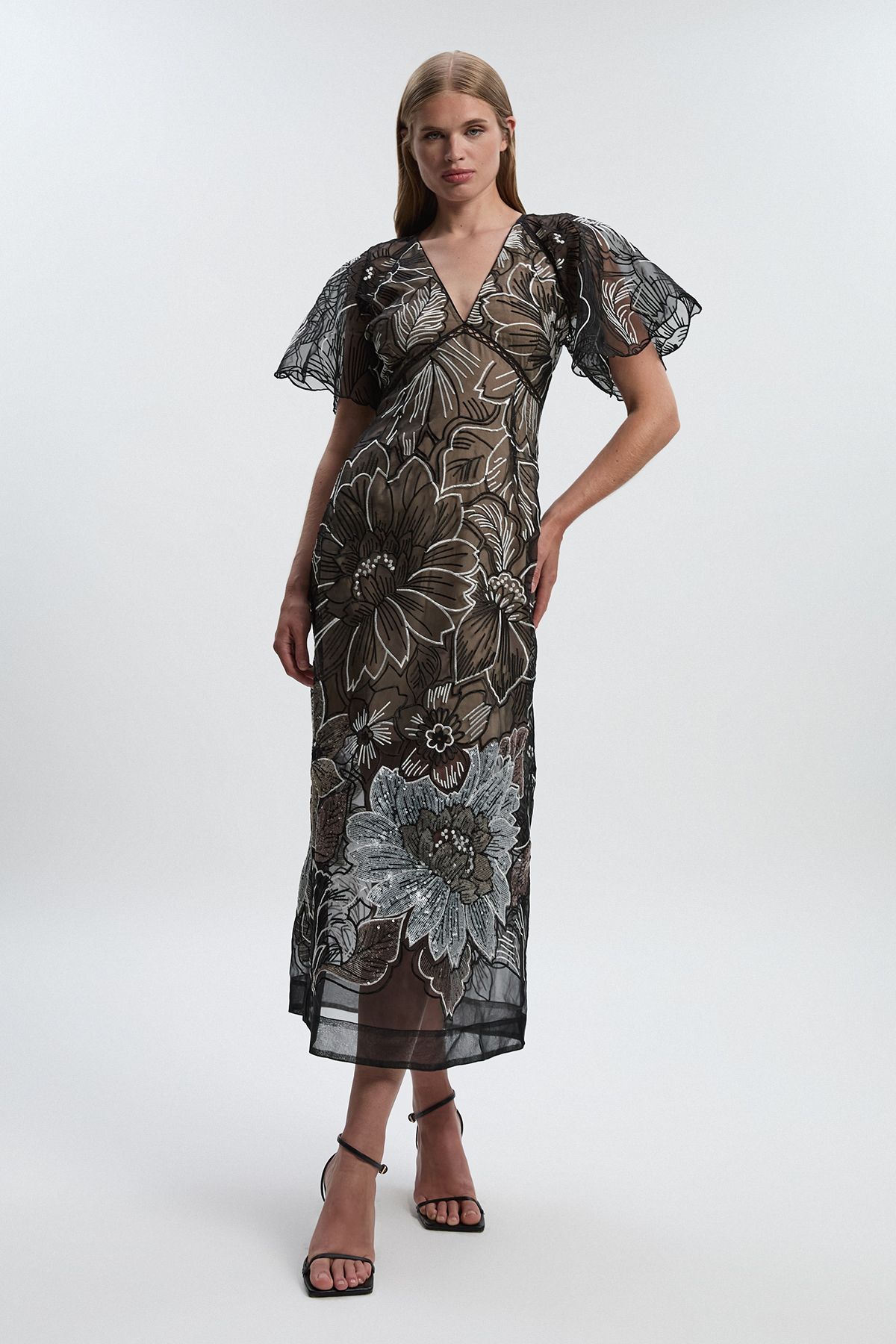 KarenMillen Hand Embroidered And Sequin Organdie Deep V Woven Maxi Dress