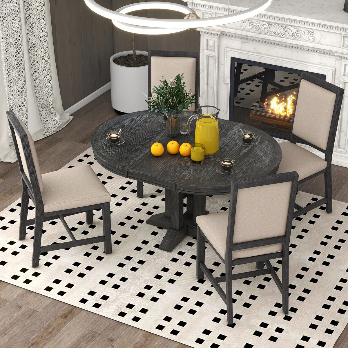 5-Piece Dining Set Extendable Round Table and 4 Upholstered Chairs