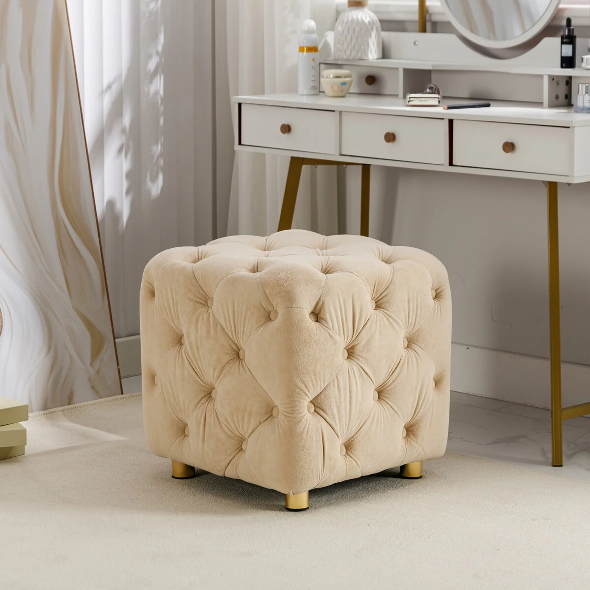 Modern Beige Ottoman Stool Makeup Chair Living Room Bedroom Entrance