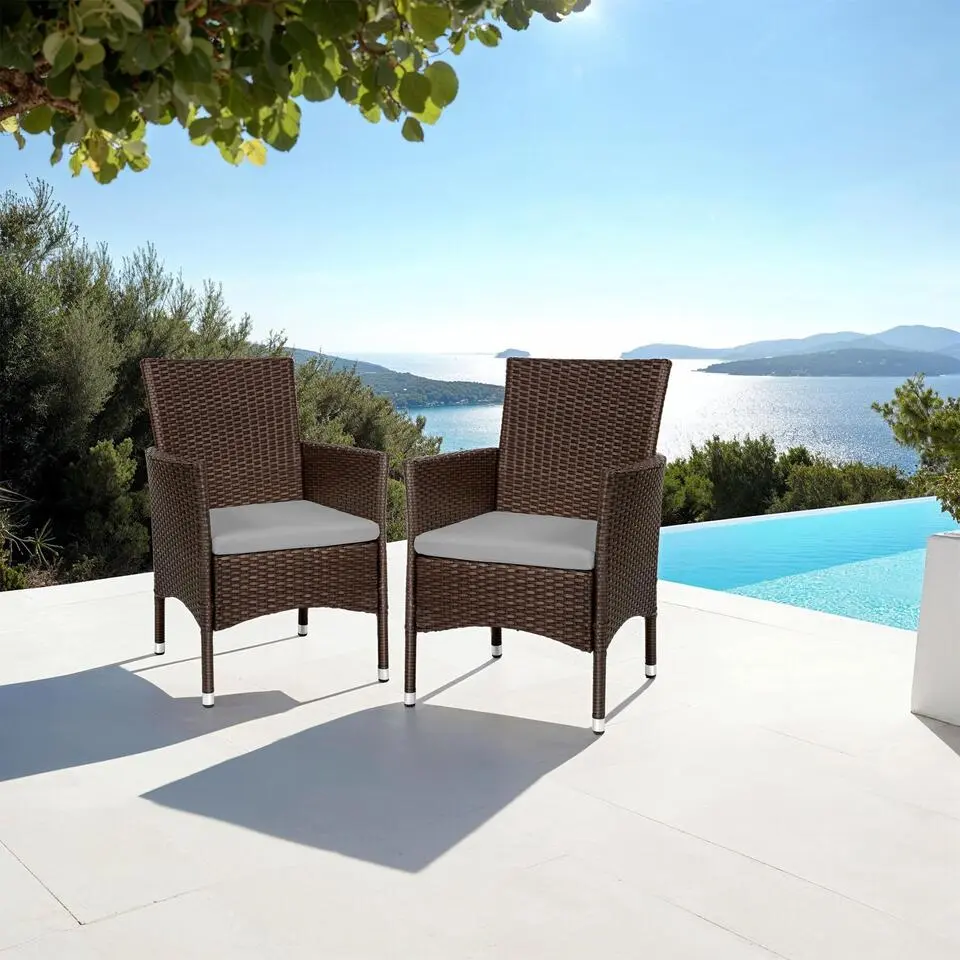 tectake 2 Wicker tuinstoelen met 4 kussenhoezen , Bruin / Beige