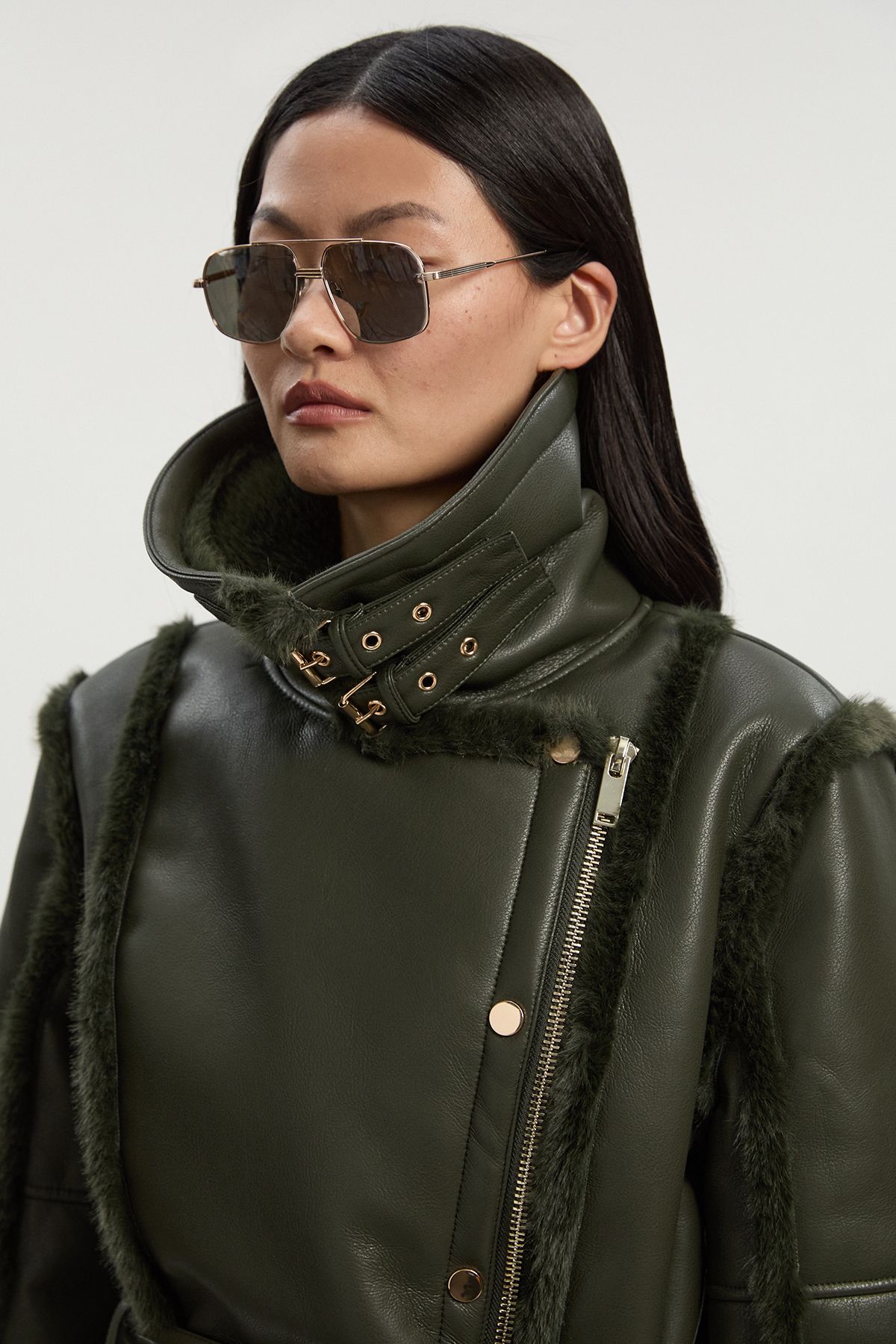 KarenMillen Faux Fur High Neck Belted Biker Coat