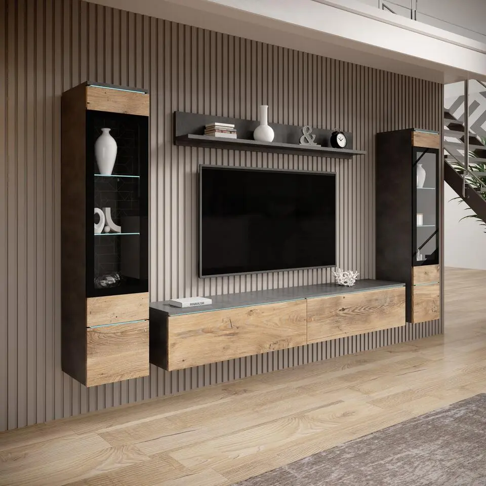 Meubella - Variety - Wandmeubel - Eiken/Grijs - 180x33x32 cm