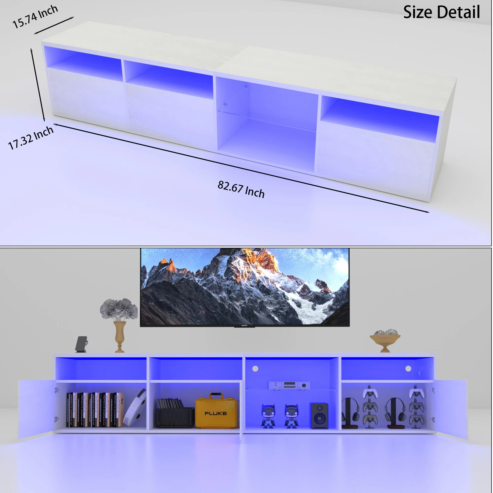 82.67 TV Console with Storage Cabinets, Full RGB Color Selection and 31 Modes Changing Lights for TVs Up to 70