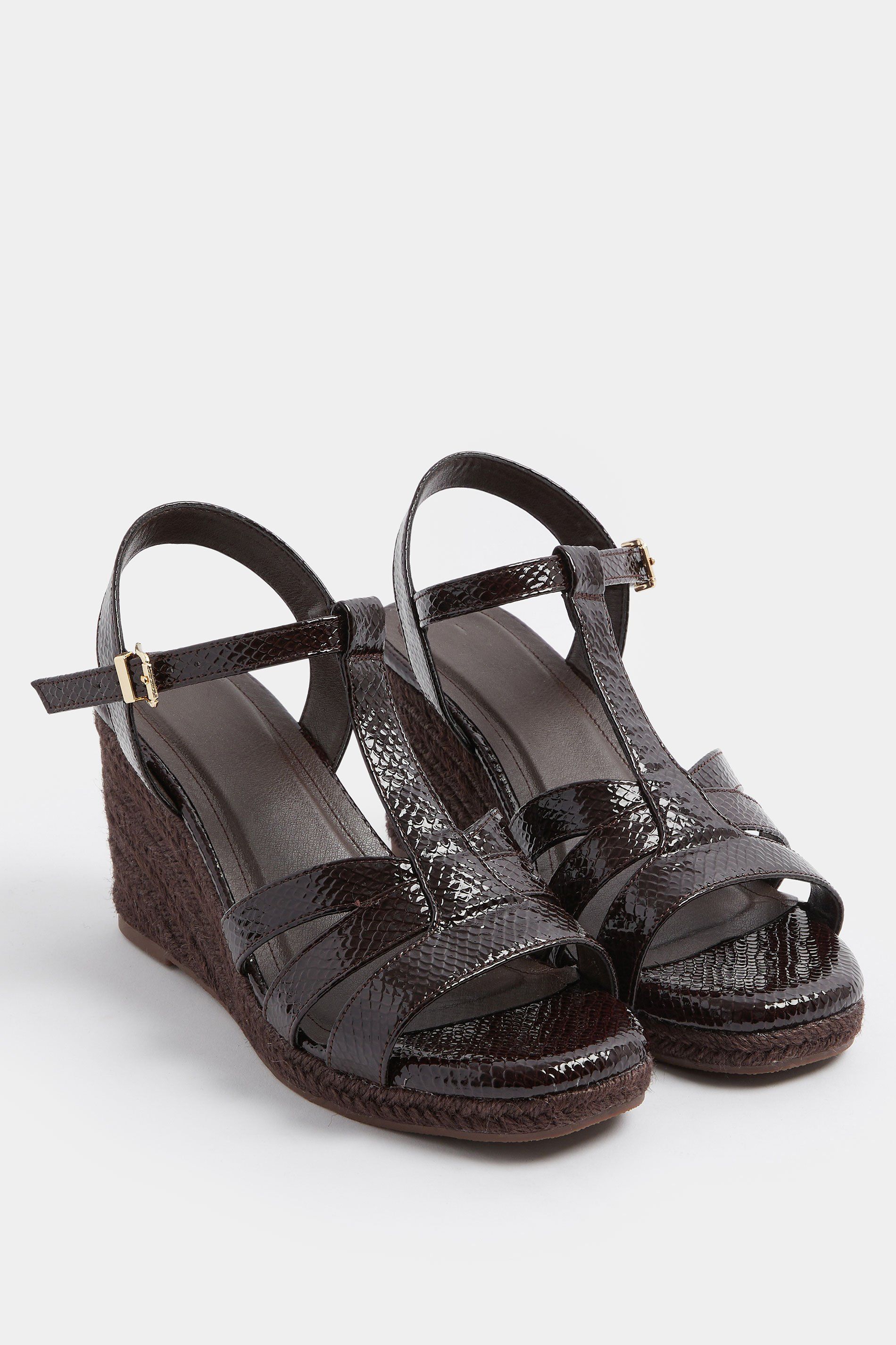 Yours Faux Leather T-Bar Wedge Sandals In Wide E Fit