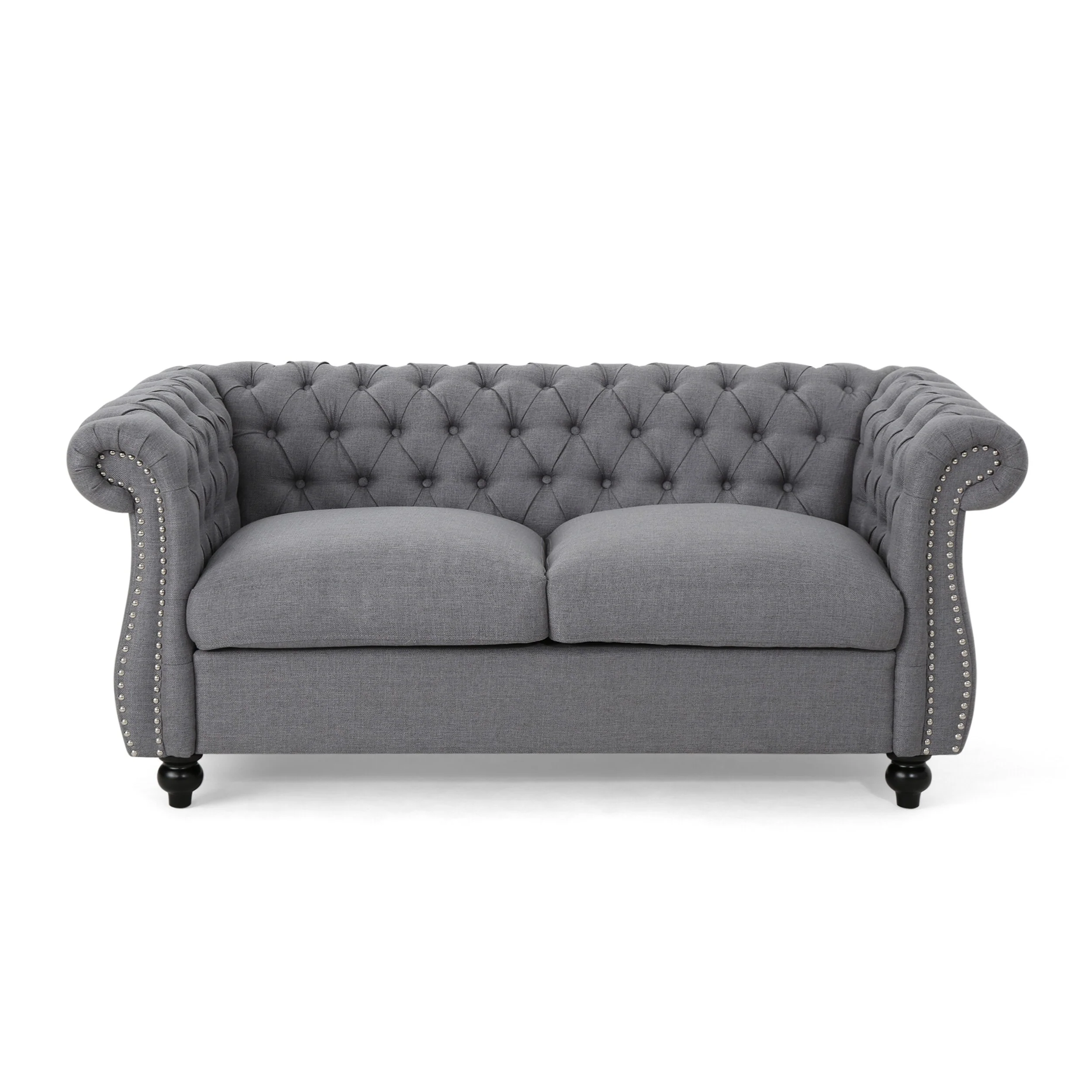 Dark Grey Chesterfield Loveseat 62 Inch Button Tufted Nailhead Rolled Arms