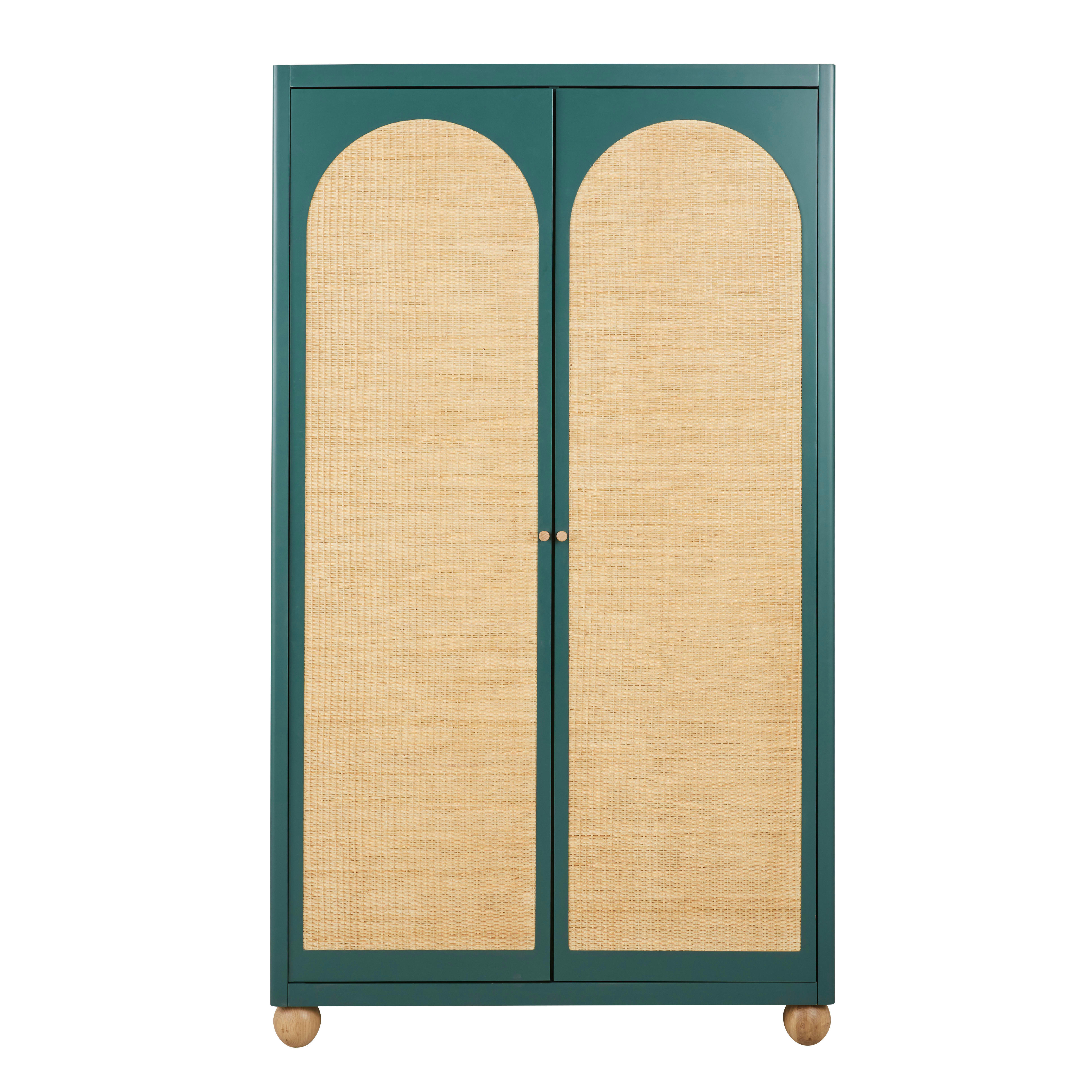 DABALI - Armoire 2 portes vert foncé et rotin tressé