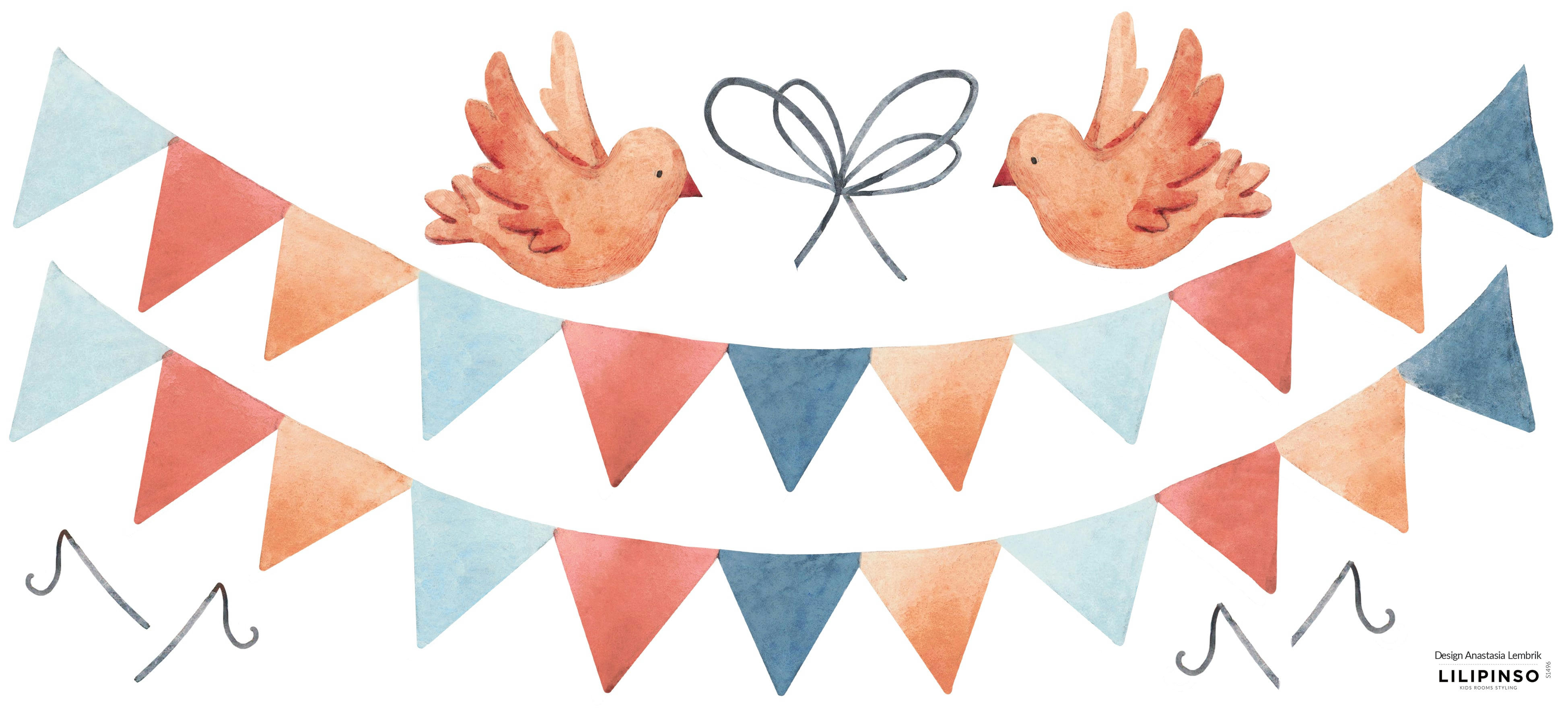 GENTLE FRIENDS - Grand sticker guirlande fanion et oiseau en vinyle mat multicolore