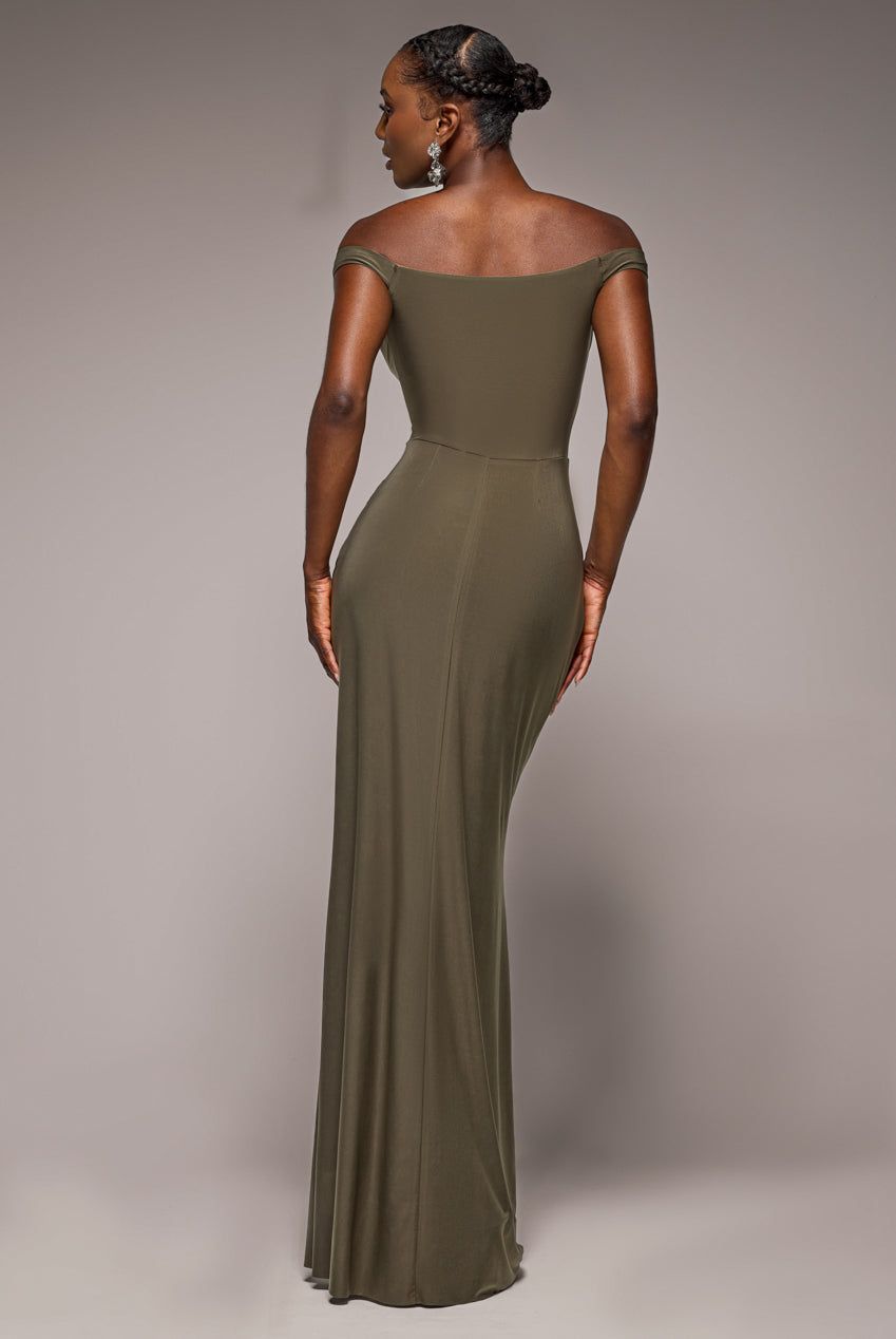 Goddiva Off The Shoulder Corset Waist Mesh Wrap Skirt Soft Touch Maxi Dress