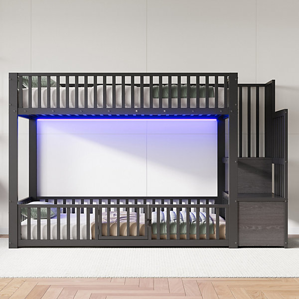 Lit superposé en métal 90x200 cm - avec échelle de rangement - barrière de sécurité - MDF - Noir (Matelas non inclus)