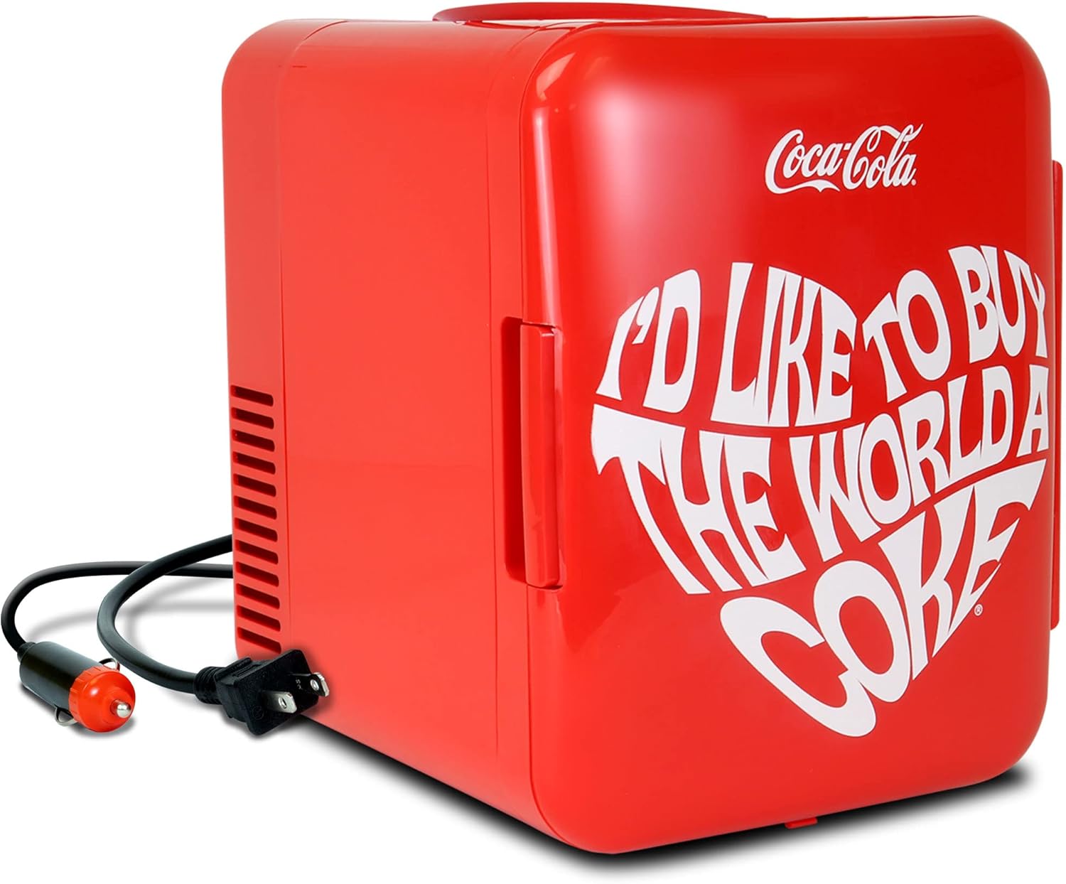 Coca Cola World 1971 Series Portable 6 Can Thermoelectric Mini Fridge Cooler/Warmer, 4 L/4.2 Quarts Capacity, 12V DC/240V AC for Home, Dorm, car, Boat, Beverages, Snacks, Skincare, Cosmetics
