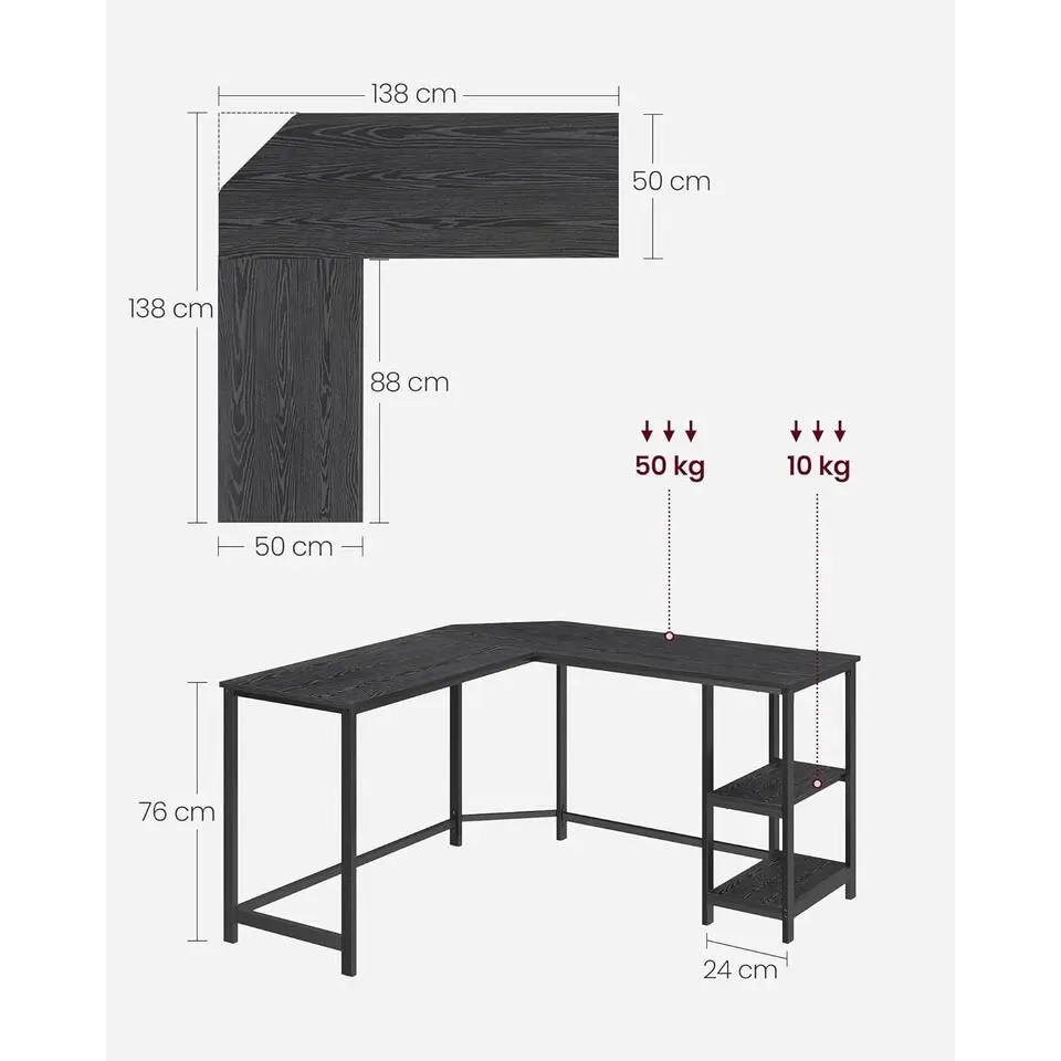 Hoekbureau - vintage - 2 legplanken - 138x76x138 cm - zwart