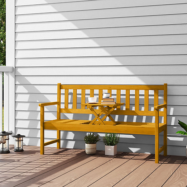 Banc de jardin 2 places en bois avec dossier, accoudoirs et table pliante, charge 320 kg, 149 x 56,5 x 89 cm, beige