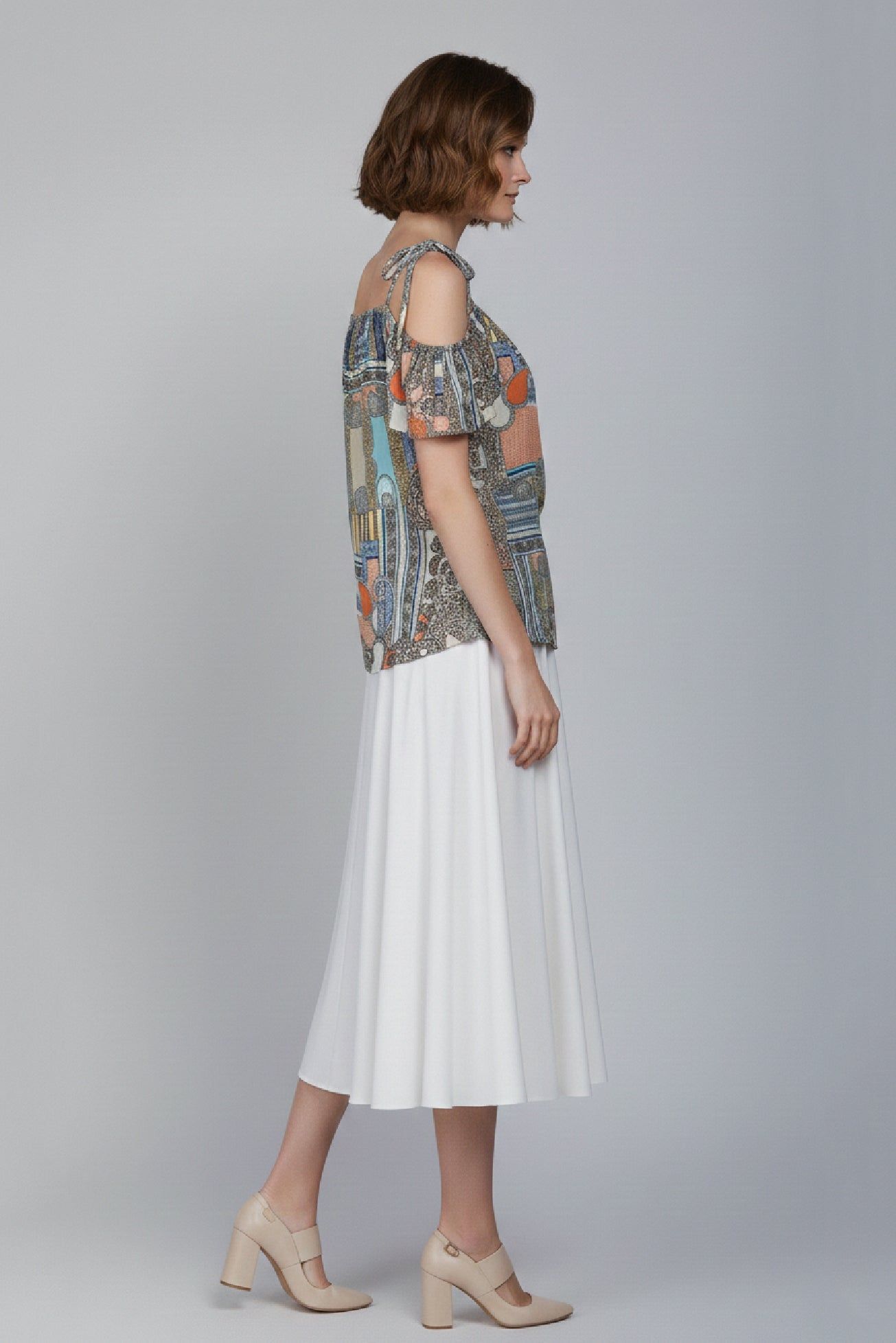Cutie London Printed Cold Shoulder Tie-Strap Top