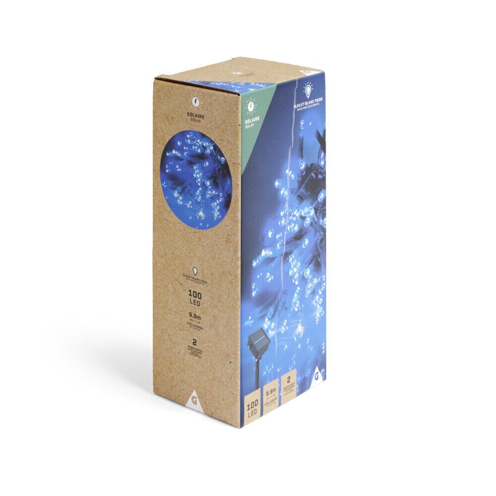 Guirlande lumineuse solaire 100LED bleu et blanc froid 9,9m
