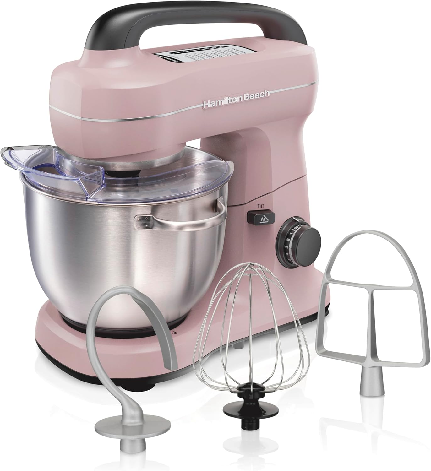 Hamilton Beach Electric Stand Mixer, 4 Quarts, Dough Hook, Flat Beater Attachments, Splash Guard, 7 Speeds with Whisk, Easy-Carry Top Handle, Pink