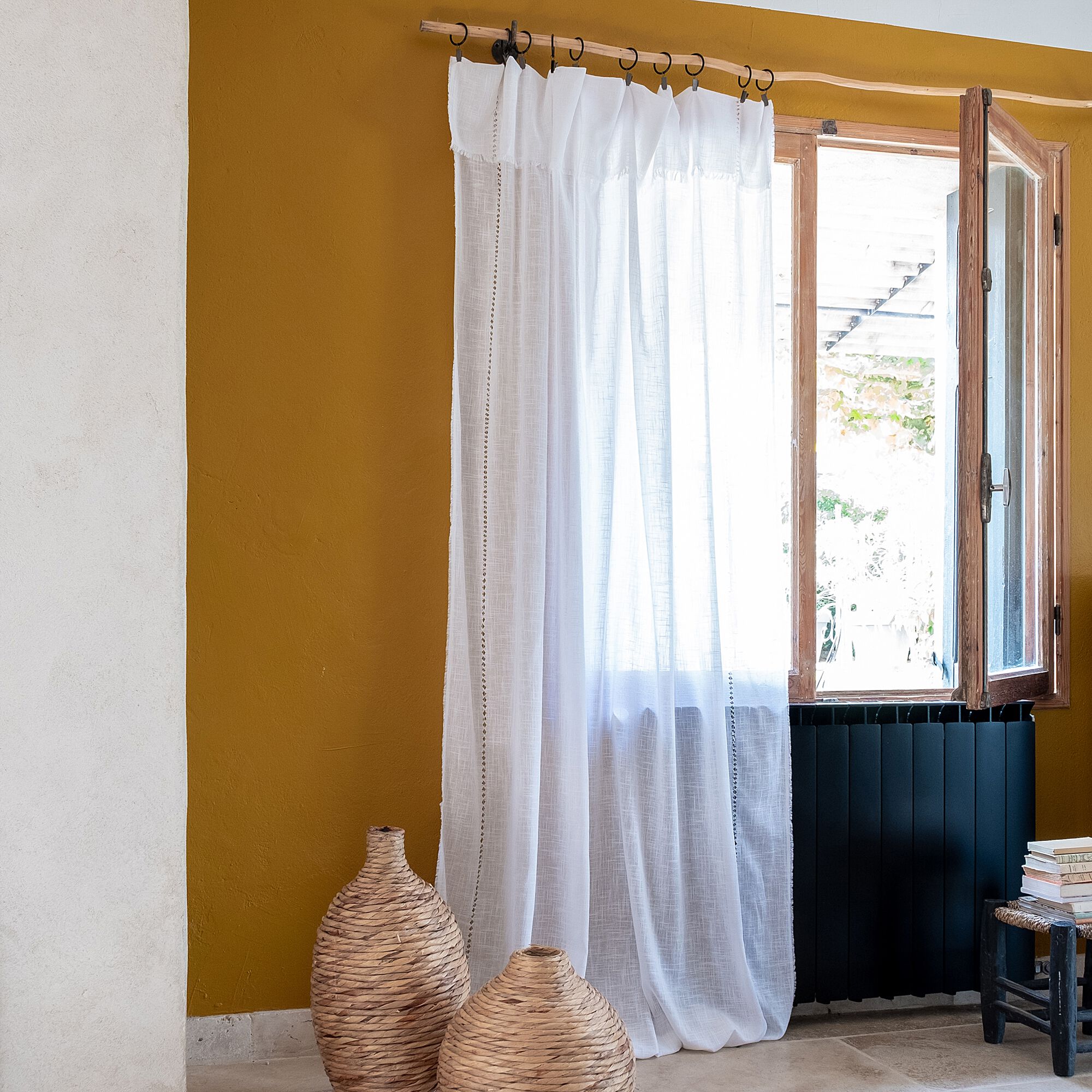 OLVERA - Rideau à anneaux pinces en coton finition ajouré 140x280cm - blanc