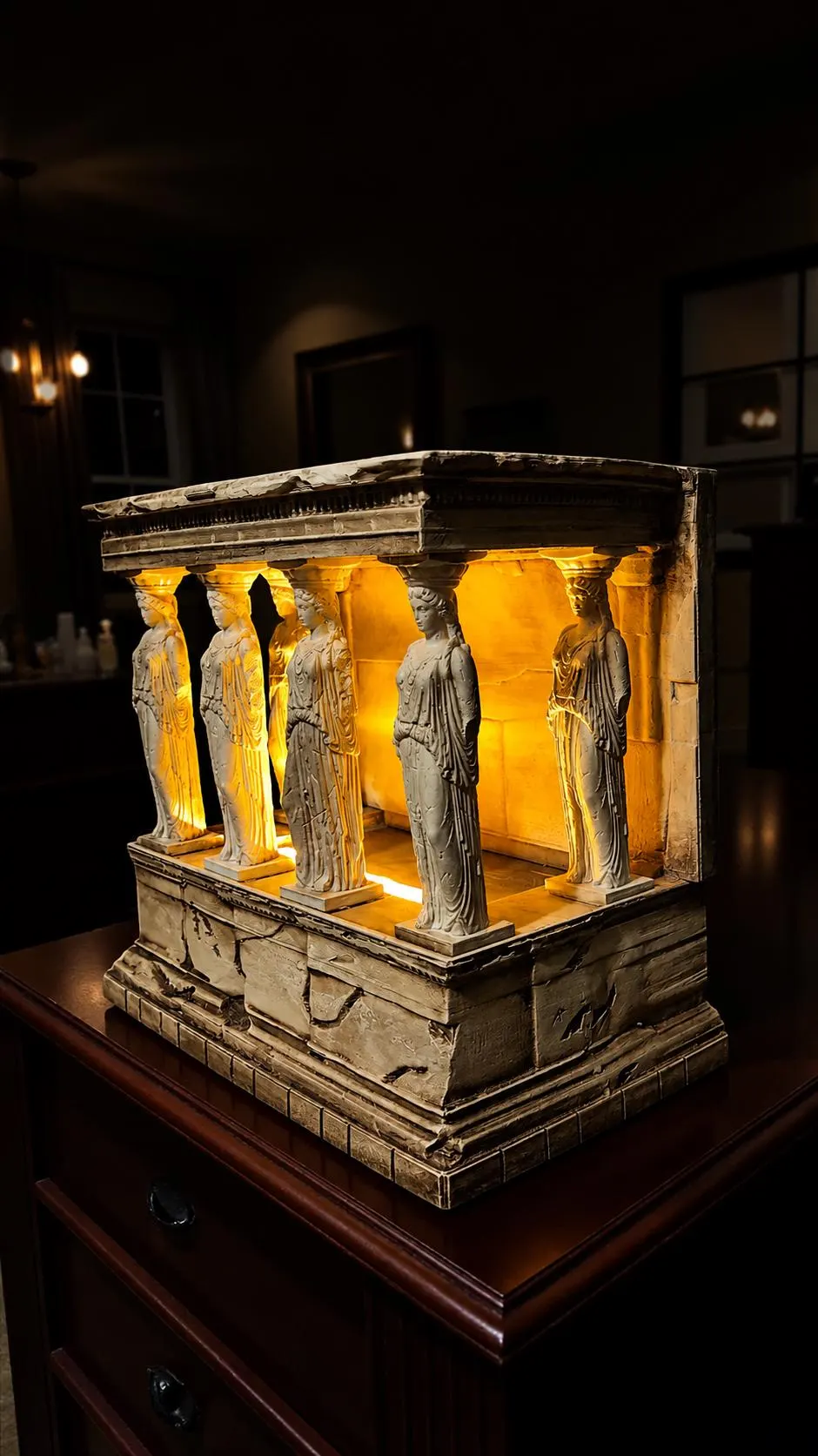Illuminated Caryatid Temple - Handmade Antique Resin Erechtheion Porch Model with Amber LED Lighting