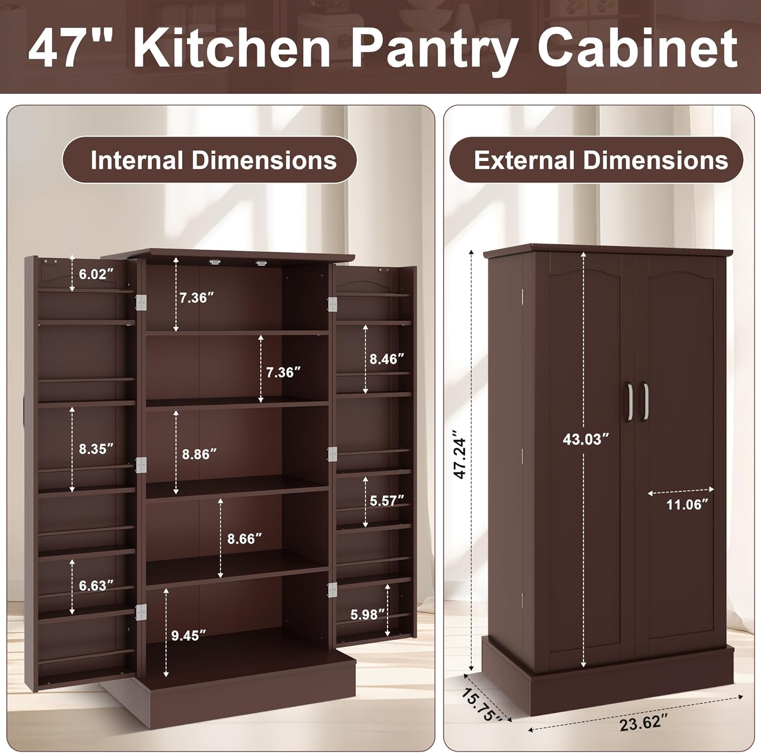 kepptory 47” Pantry Cabinet, Kitchen Pantry Storage Cabinet with Doors & Adjustable Shelves, Brown Freestanding Buffet Cupboards Sideboard for Living Room and Dinning Room, Sturdy and Durable