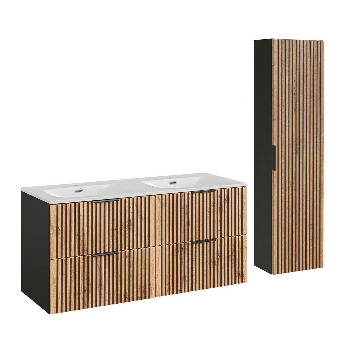 - Ensemble meuble double vasque encastrée 120cm et colonne naturel