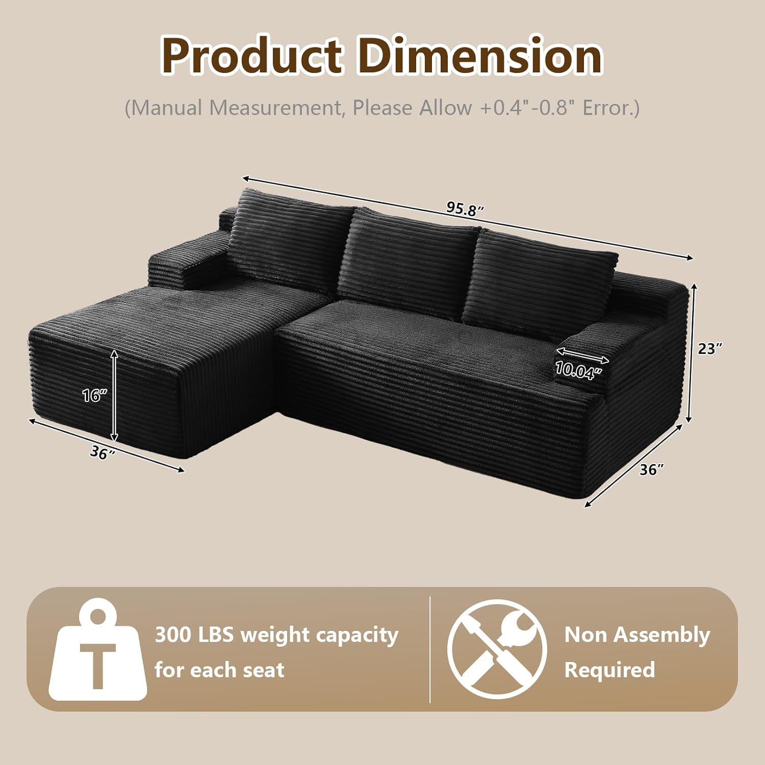 96 Modular Sectional Sofa Couches L-Shape Couch 3 Seat Modular Sofa Corduroy Memory Foam Sectional Boneless Couches for Living Room, Cloud Couch with Oversized Chaise(Black, Left Facing)