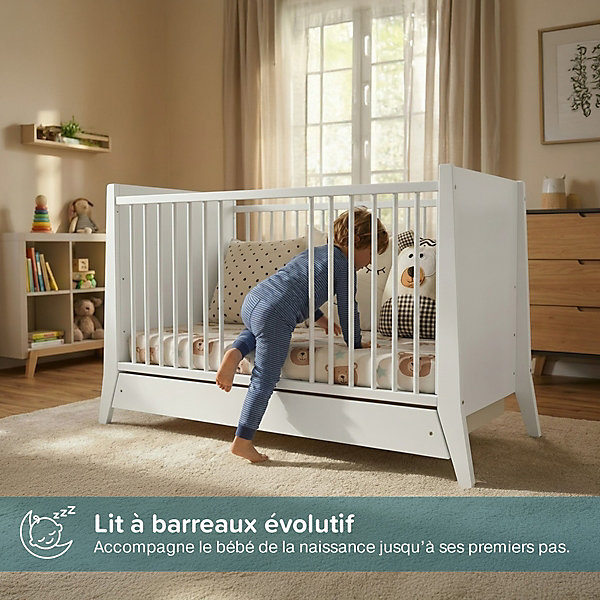 Lit bébé évolutif avec tiroir Timeo 60x120 cm (matelas non inclus) Blanc