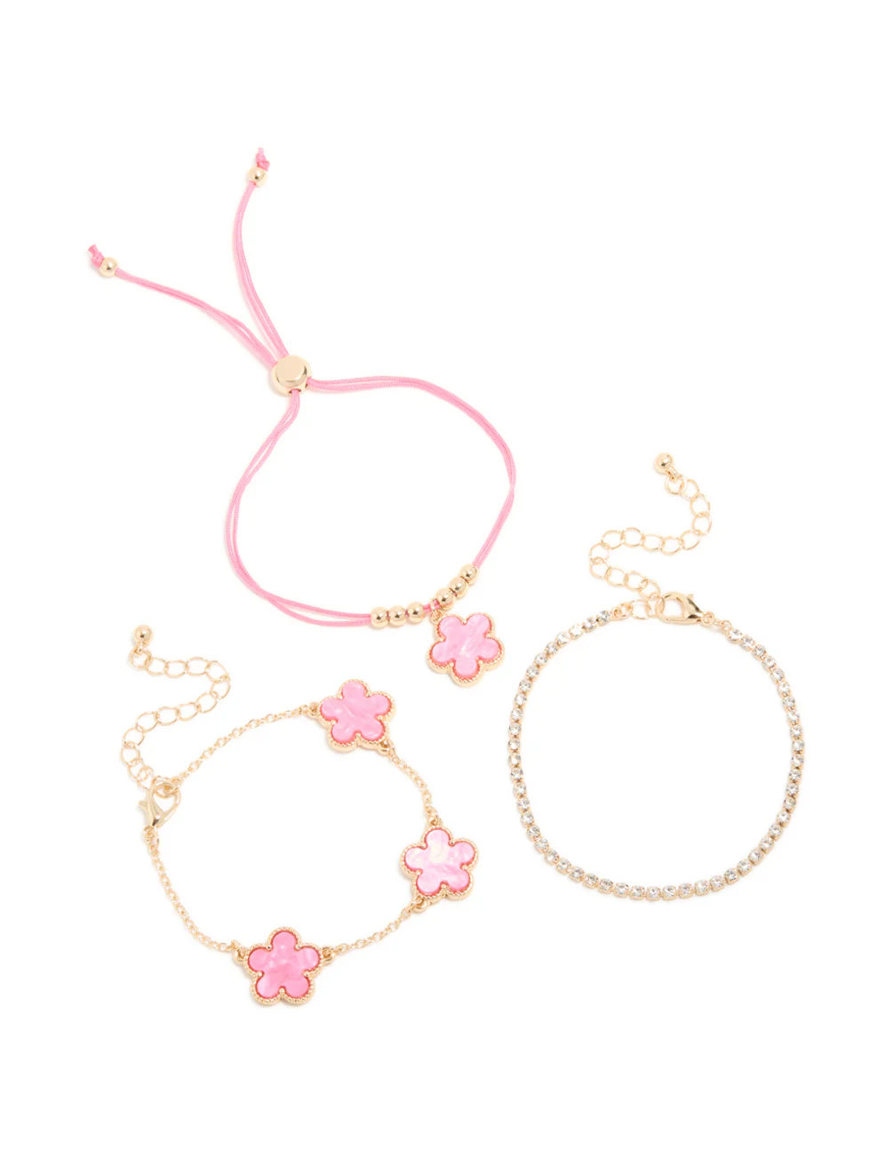 Gold Tennis & Pink Cord Flower Bracelets 3-Pack