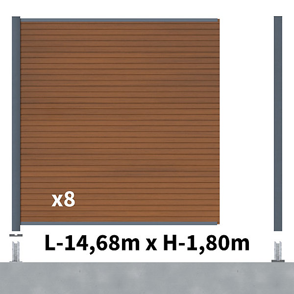 Kit Clôture Composite SANTOS Teck 14,5x1,8m - Bois composite &Aluminium - Poteaux sur Platines Gris - Brise vue - Palissade