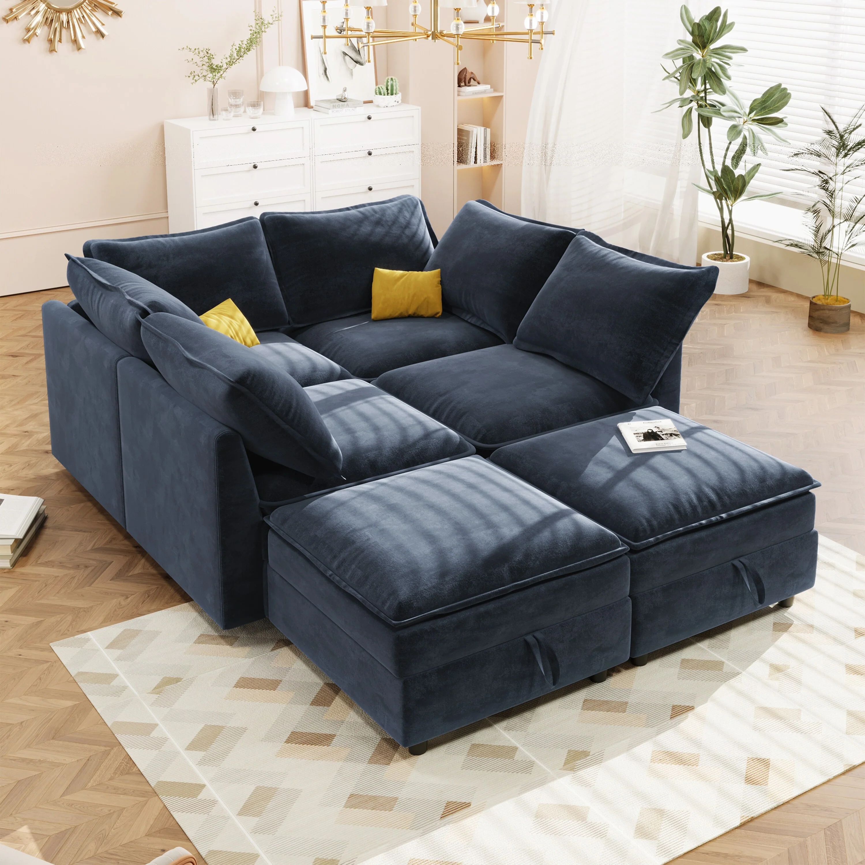 Modular Sectional Sofa Convertible U / L Shaped Couch Set with Storage Seat and Movable Ottomans ,126 Upholstered Couch