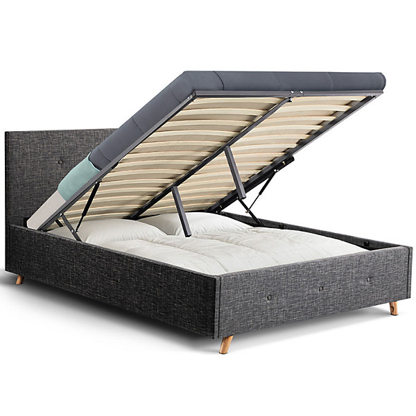 Lit coffre double scandinave LULEA avec tête de lit et sommier 140 x 190 cm tissu gris anthracite
