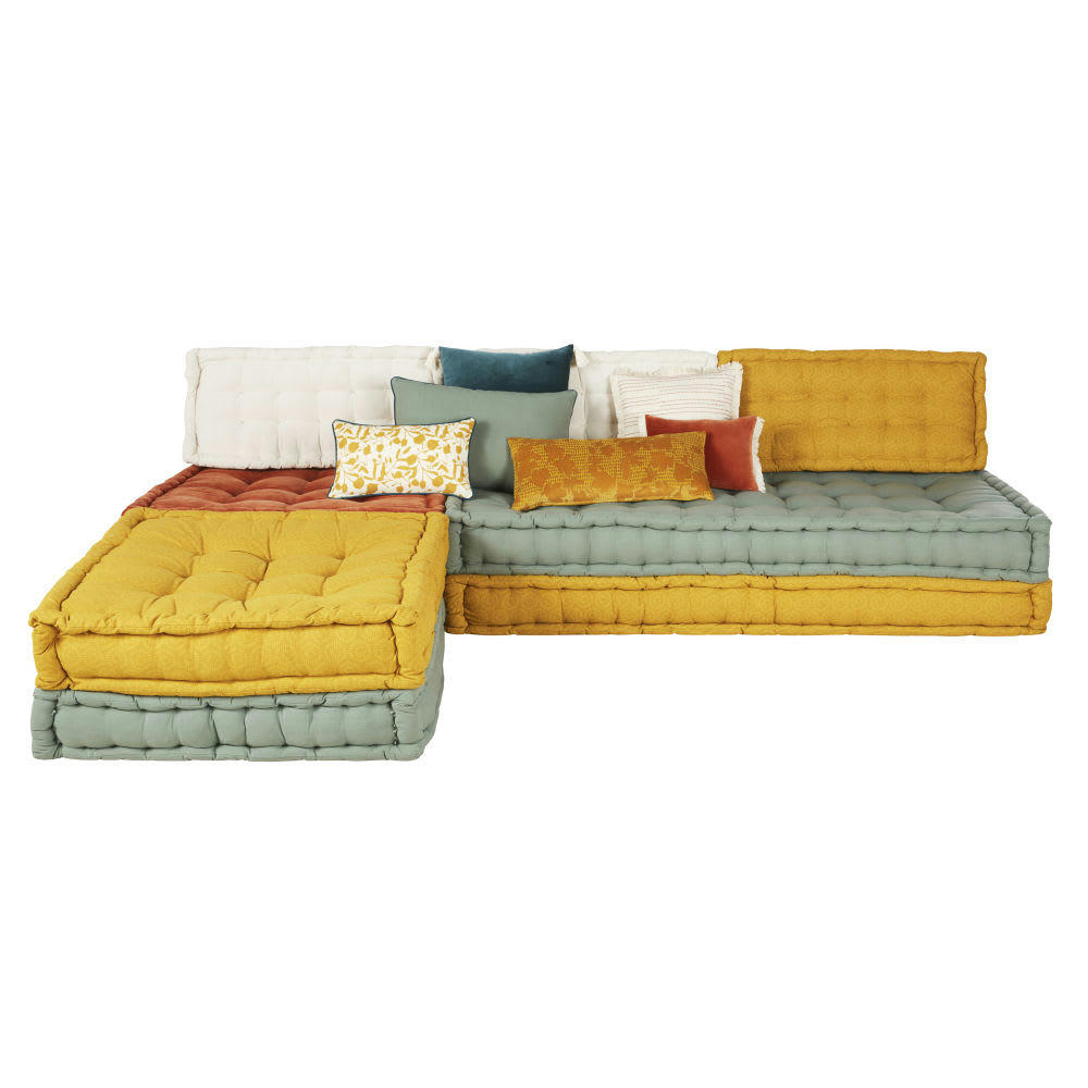 Meena - Canapé d'angle 5 places en coton recyclé jaune, vert et terracotta