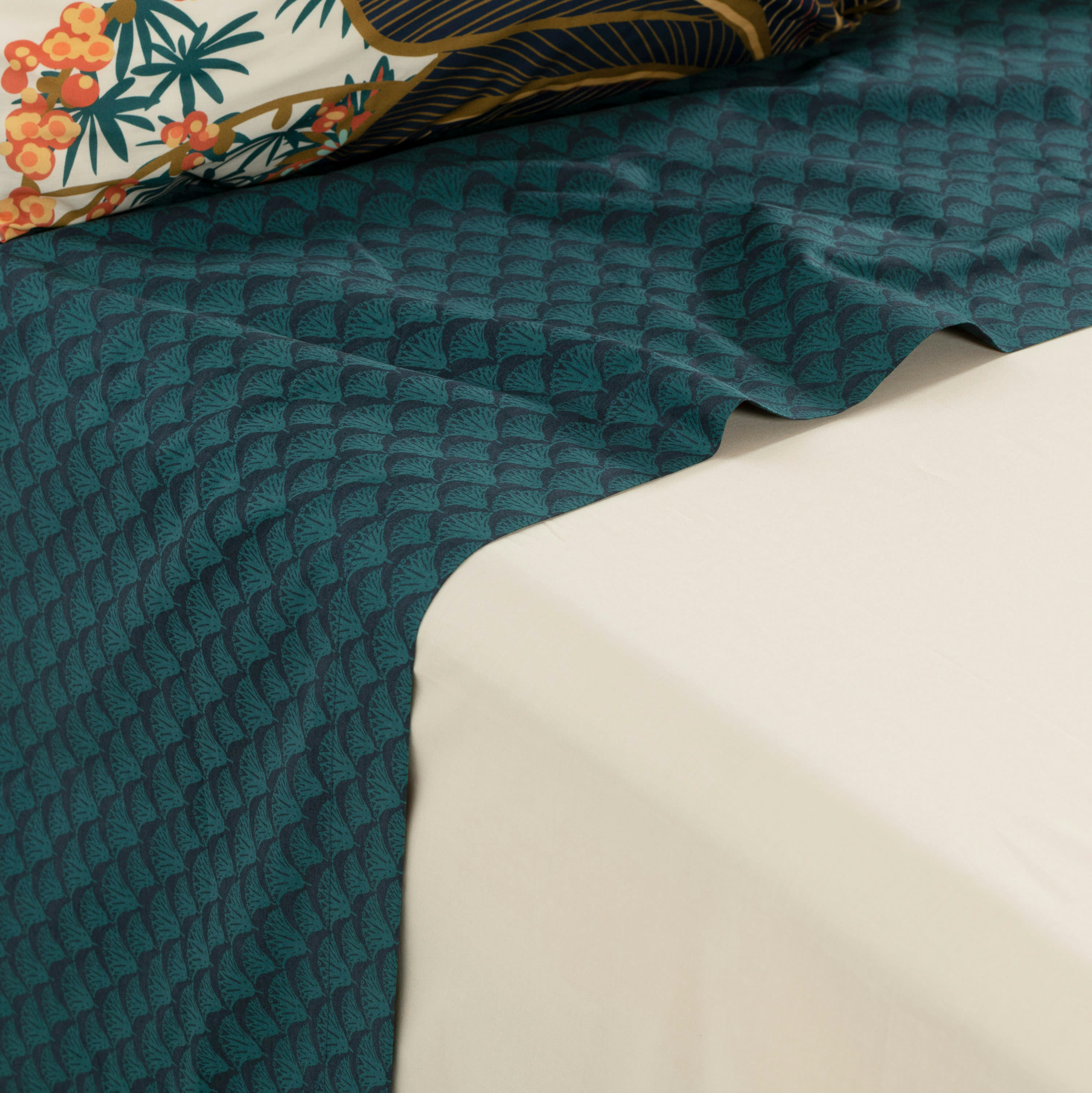 PAPYRUS - Drap de lit percale de coton imprimé bleu 240 x 300 cm