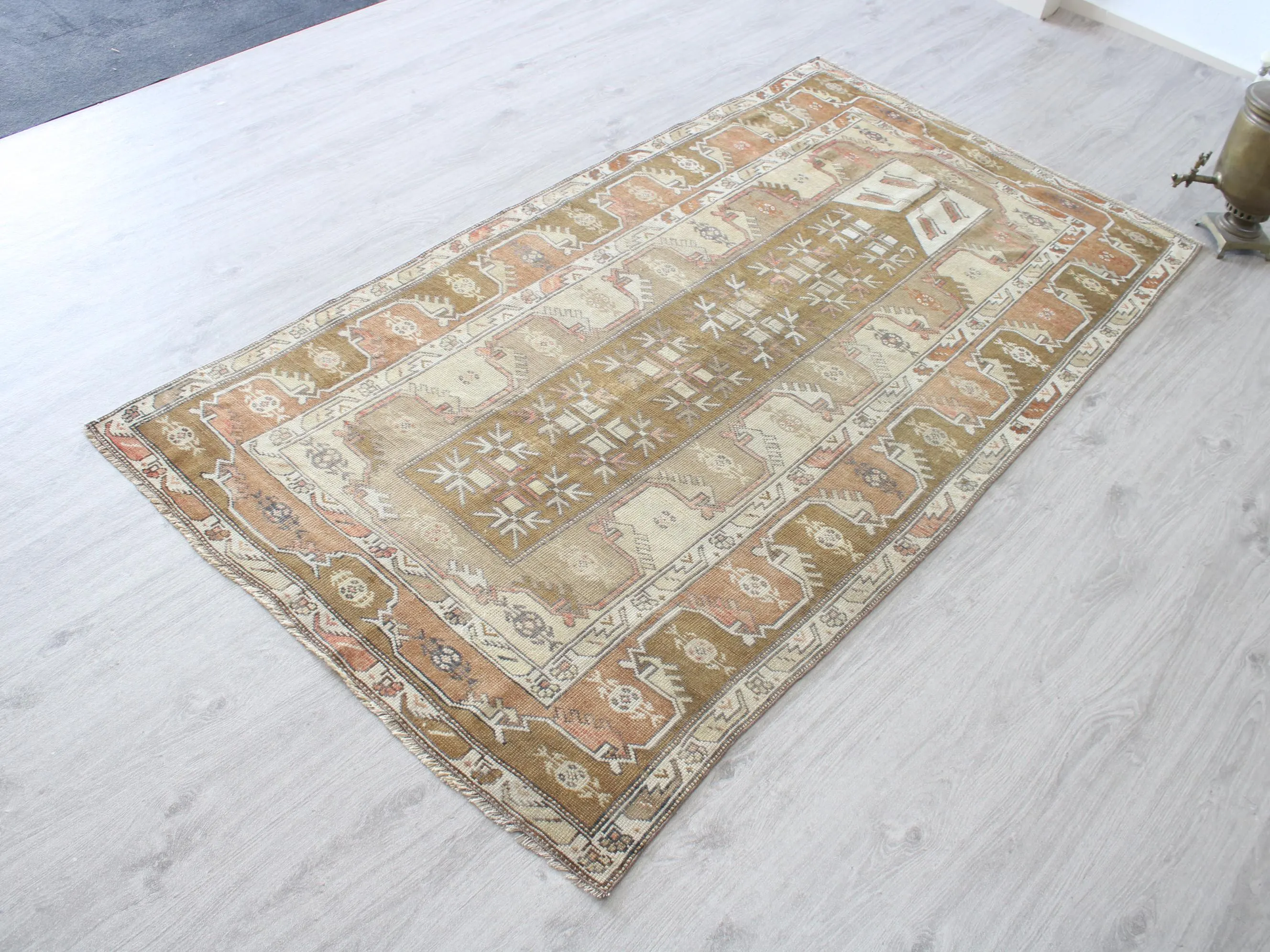 4x7 Brown Rug, Neutral Wool, Vintage Turkish Area Rug, Bedroom, 3.8x7.0 ft, Moroccan