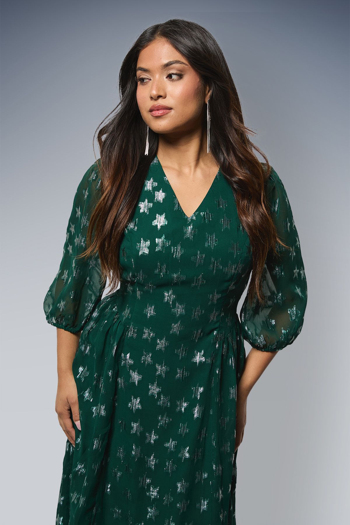 Dorothy Perkins Petite DP Luxe Star Jacquard V Neck Blouson Sleeve Midi Dress