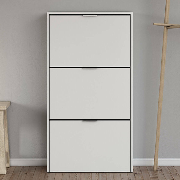Etagere à chaussures Escondido, Armoire à chaussures avec 3 portes pliantes, 70x17h180 cm, Blanc brillant