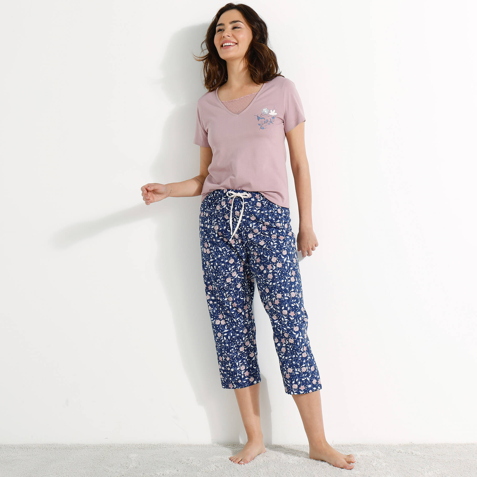 T- shirt pyjama manches courtes motif floral imprimé