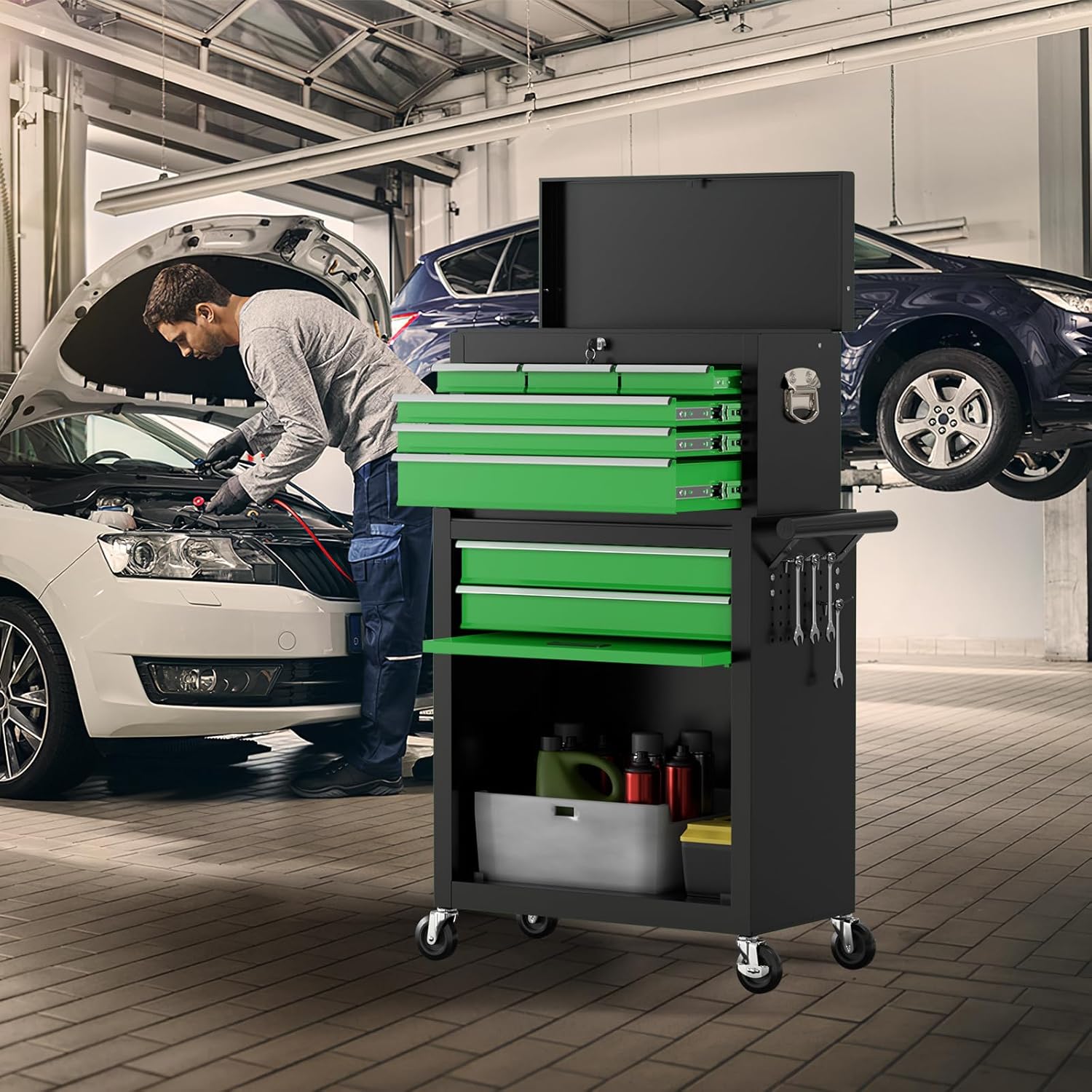 8-Drawer Rolling Tool Chest with Wheels, 2-in-1 Detachable Tool Box with Drawers and Large Cabinet, Rolling Tool Chest Storage Cabinet with Lockable for Warehouse, Garage, Workshop (BlackGreen)