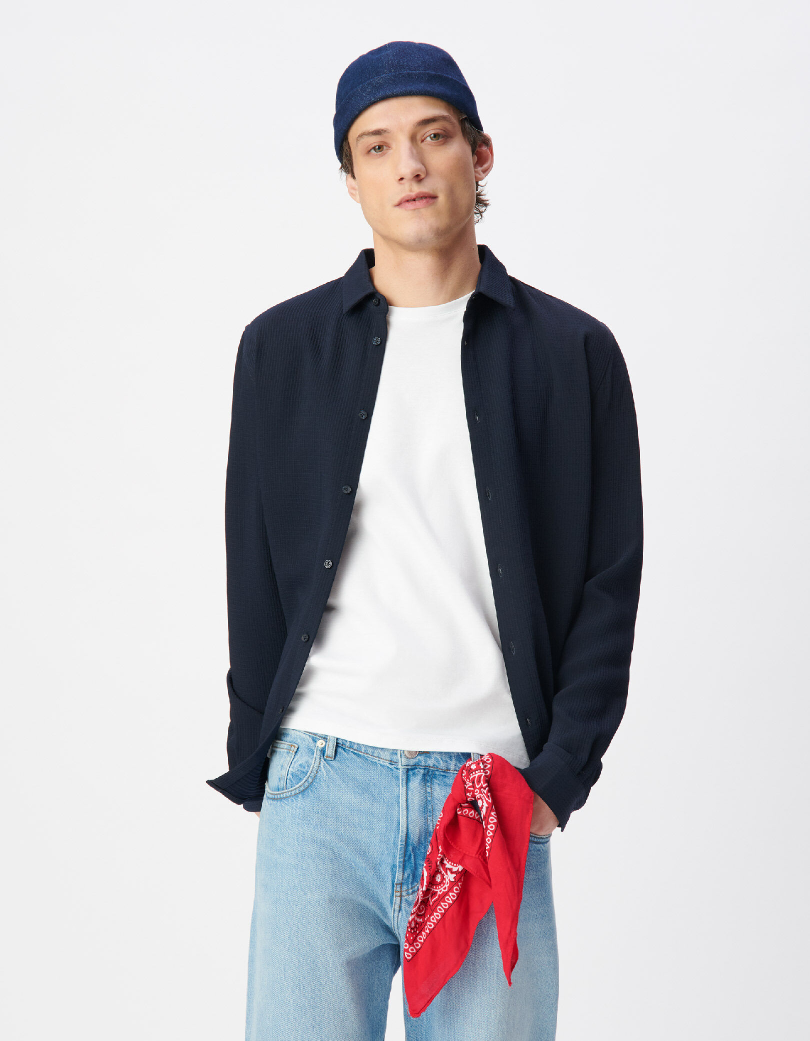 Chemise slim marine seersucker DRY FAST Homme
