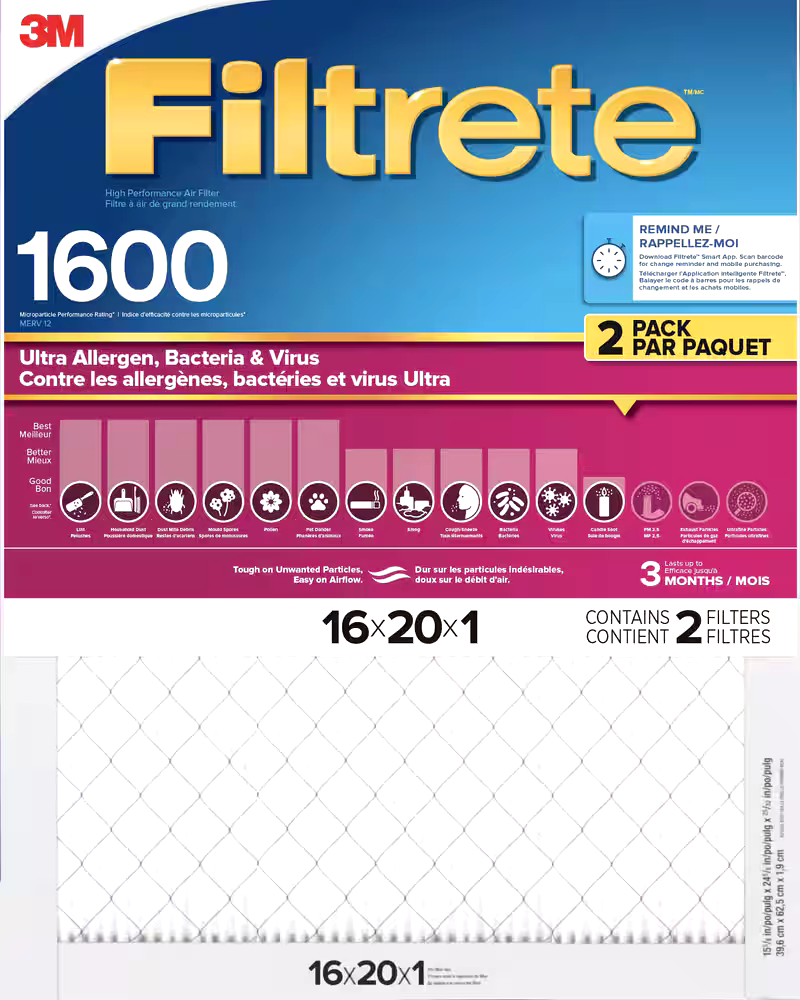 3M Filtrete Ultra 1600MPR, 2-pk, 16 x 20 x 1-in