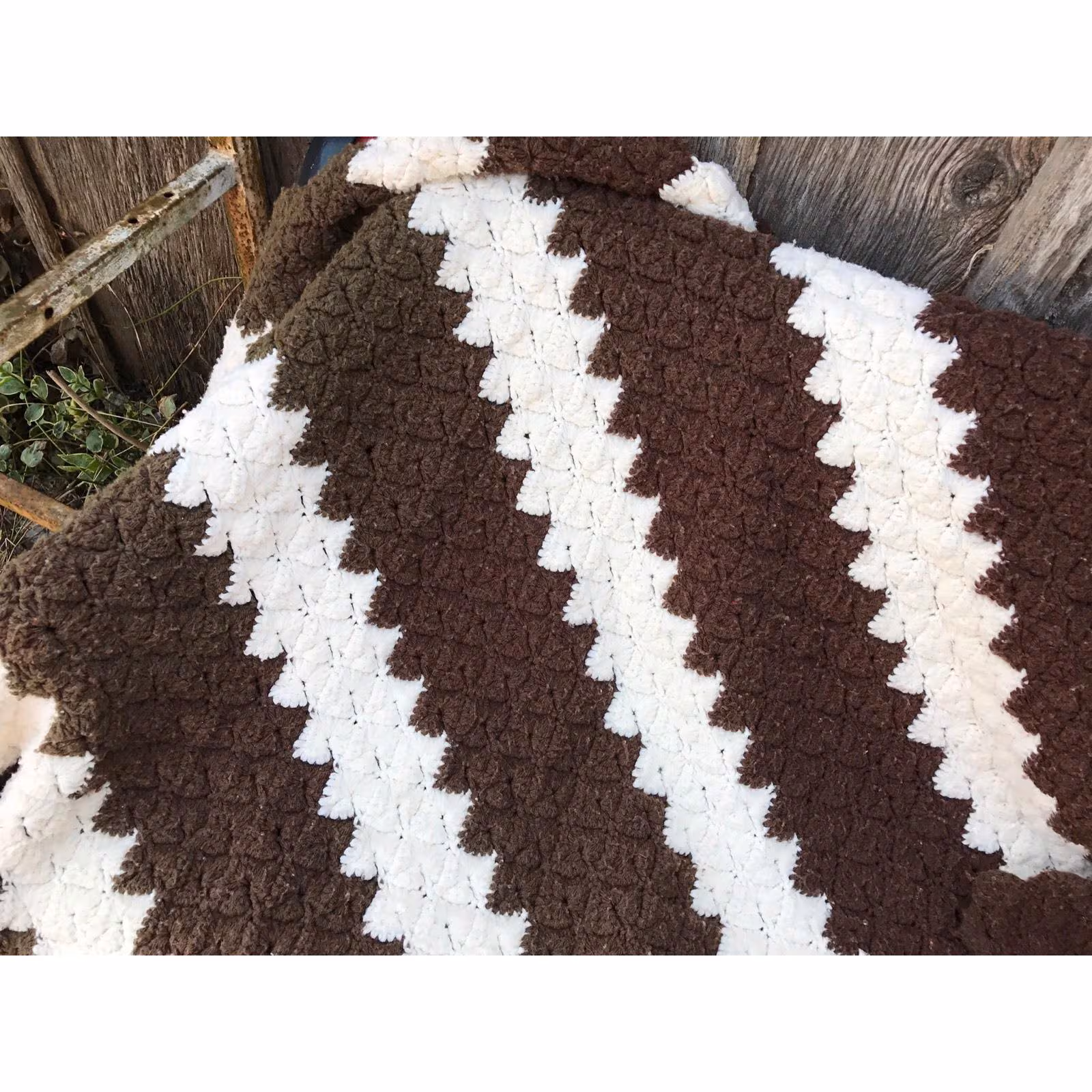 Vintage 1970's Hand Crochet Brown and Cream Zig Zag Afghan or Lap Throw