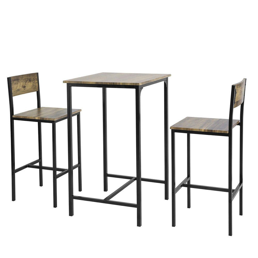 - Ensemble table de bar + 2 chaises de bar effet bois et métal noir