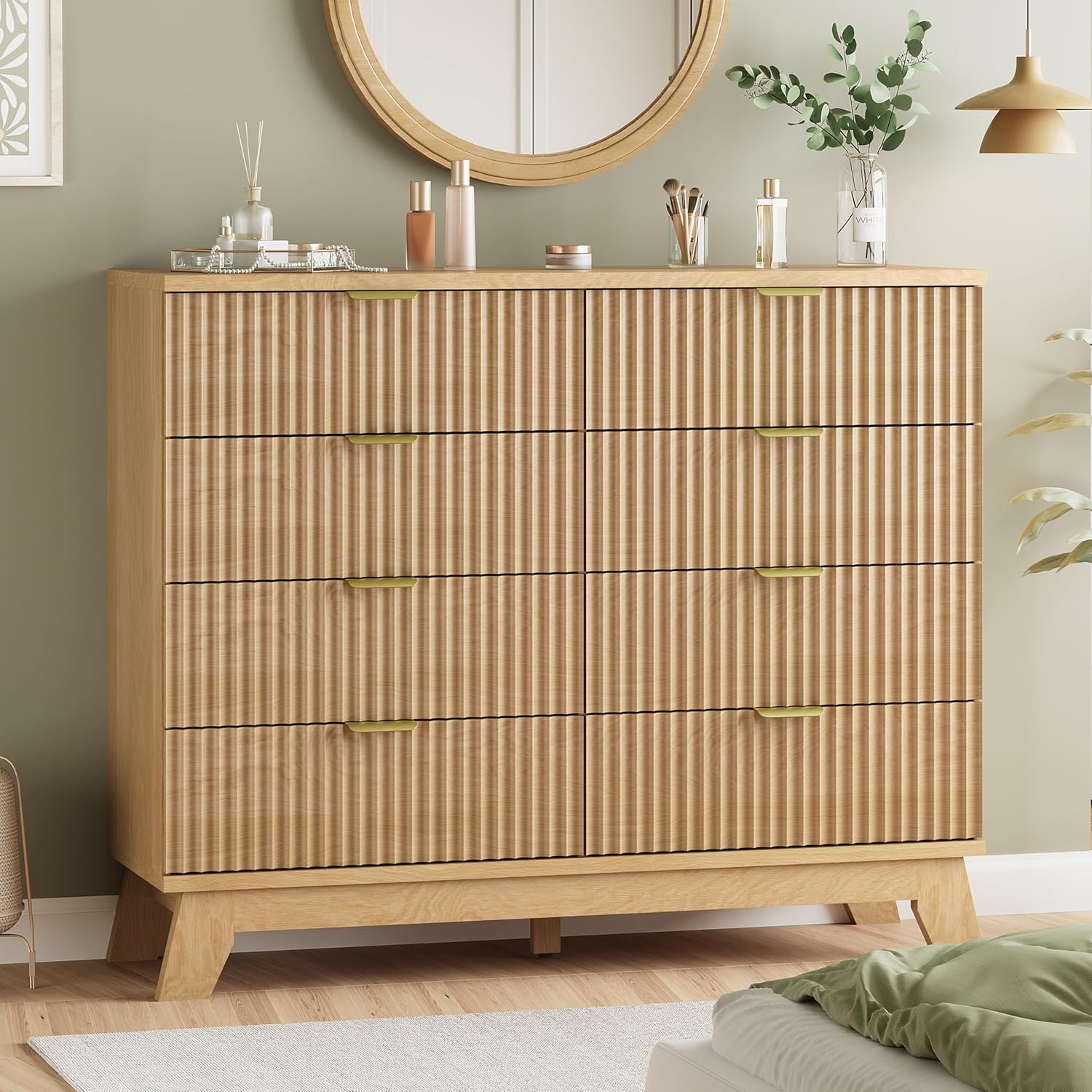 Fluted Dresser for Bedroom with 8 Drawers, 48 Wide Modern Chest of Drawers with Metal Handle, Wooden Dresser TV Stand, Wood Closet Clothes Storage Organizer for Living Room, Hallway, Natural Oak