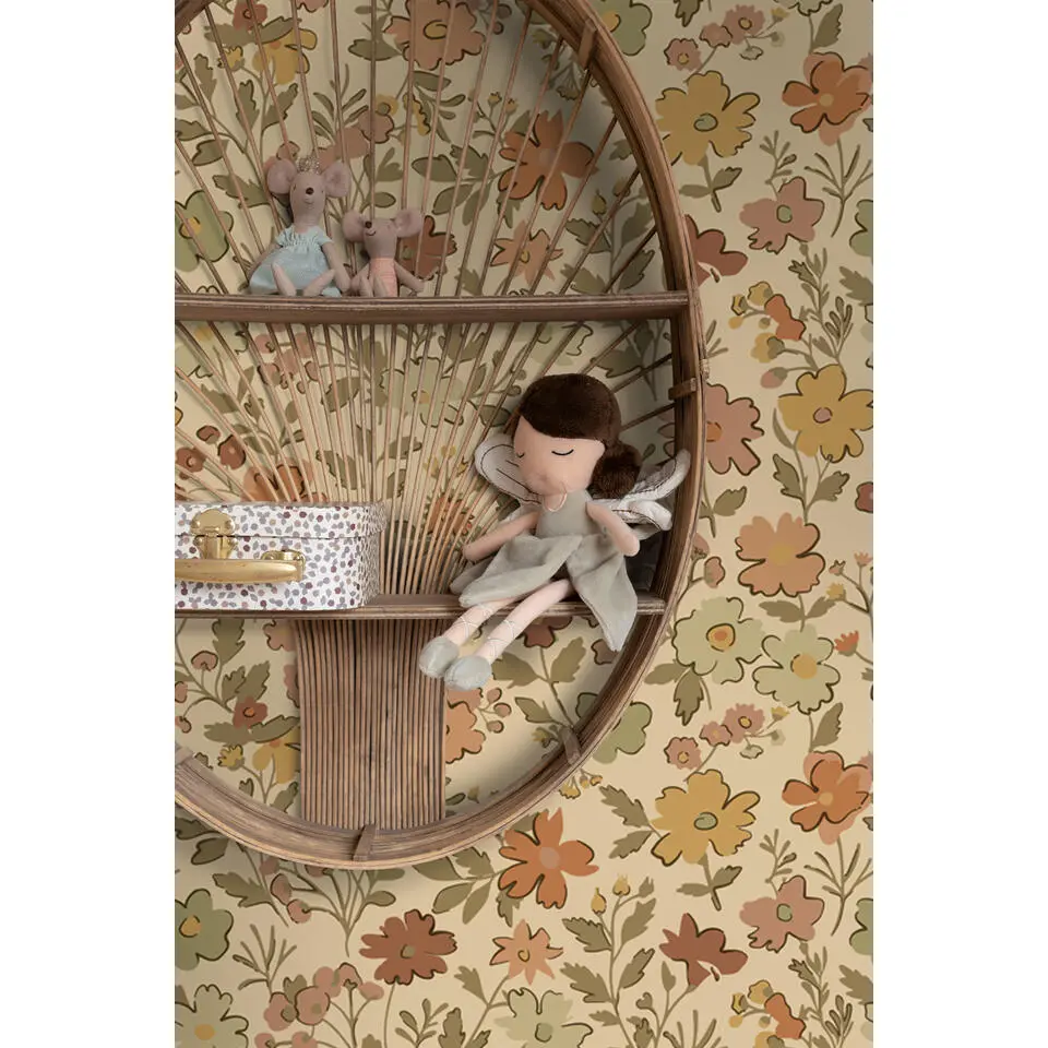 ESTAhome behang bloemetjes okergeel en donker beige - 50 x 900 cm