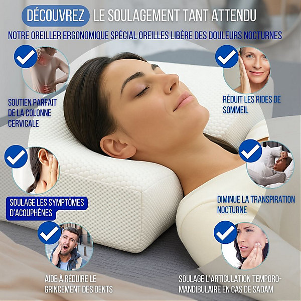 Oreiller ergonomique anti-rides, anti-acouphène - extra grande - 65x42x10 - ERGO