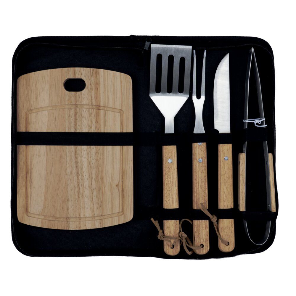 Kit barbecue 5 accessoires inox et bois avec étui de rangement 21x46cm
