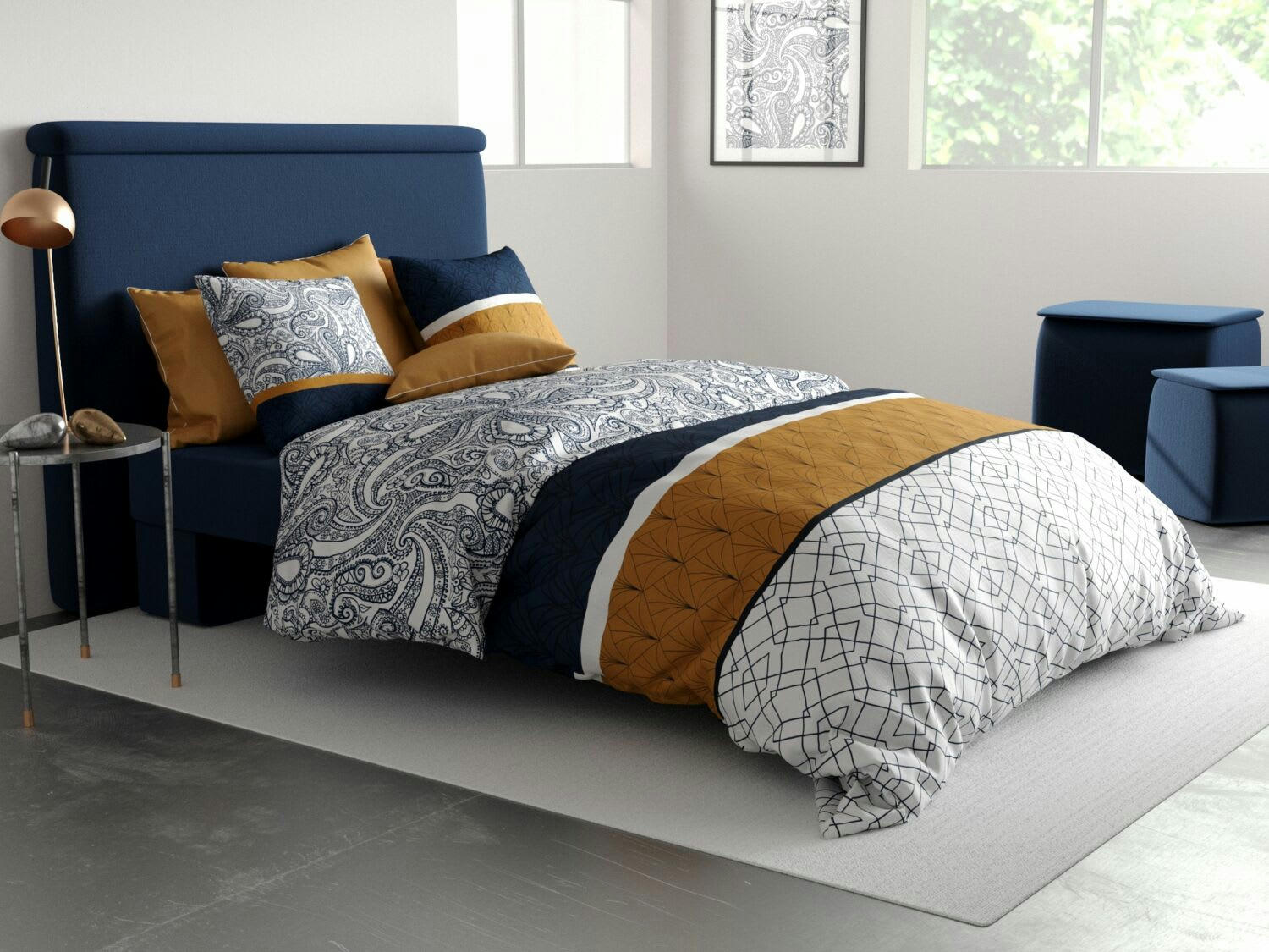 DAKOTA - Parure housse de couette coton bleu 240x260 cm