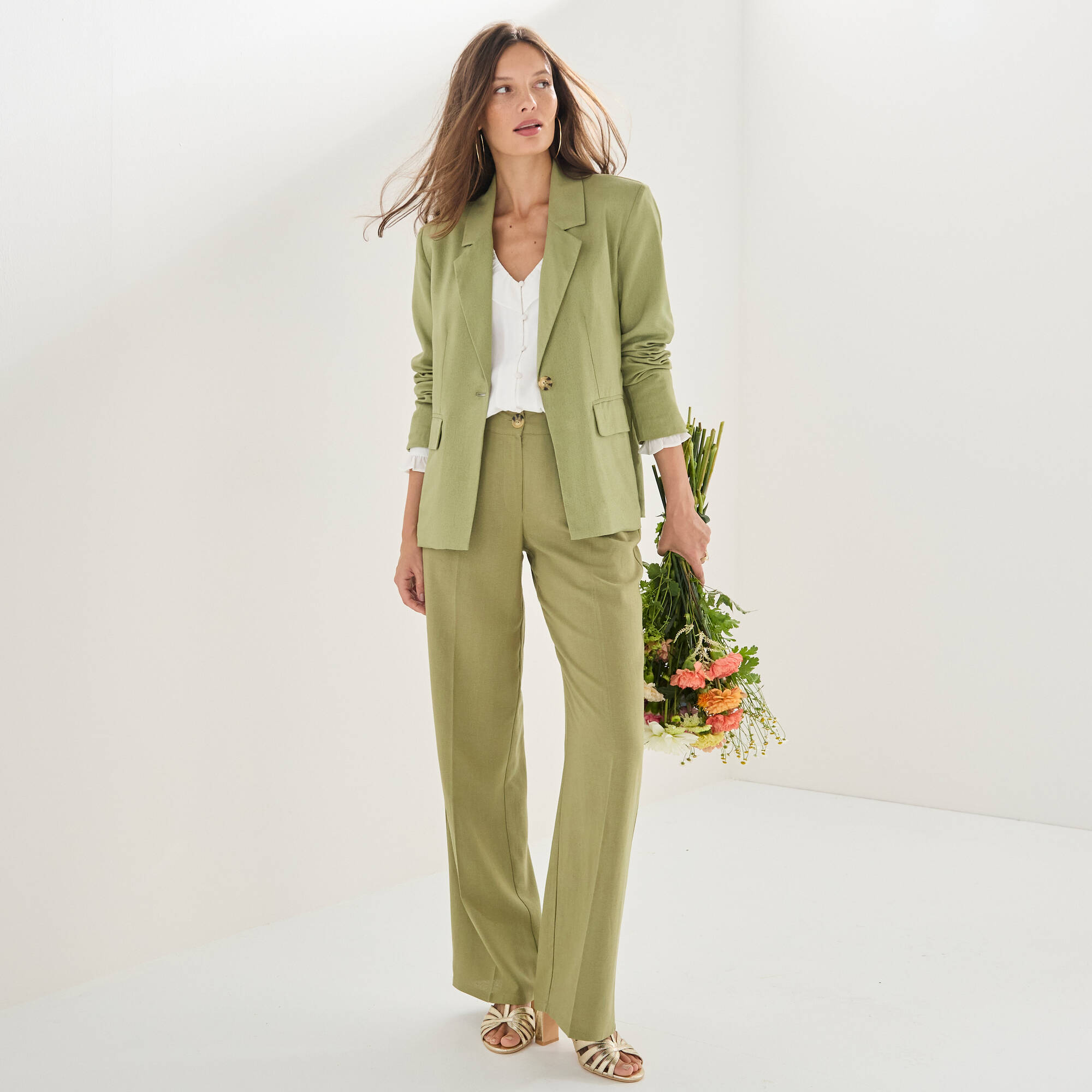 Pantalon large fluide, lin mélangé