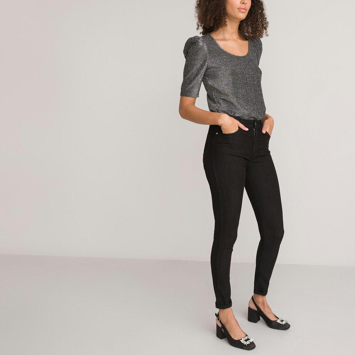 T-shirt col rond, maille brillante